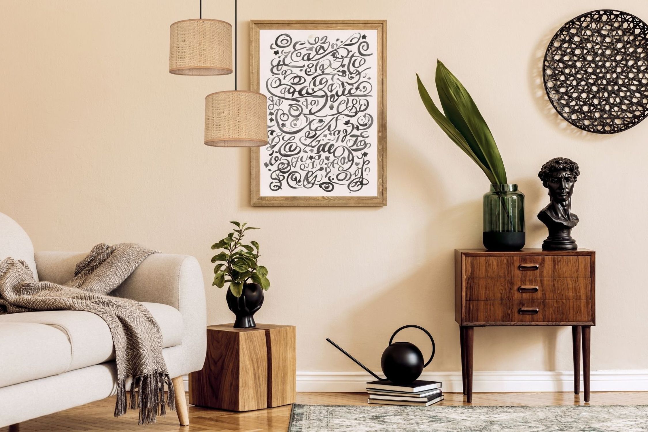 Wohnzimmer, Deko, Pflanze, Holzmöbel, Kunst