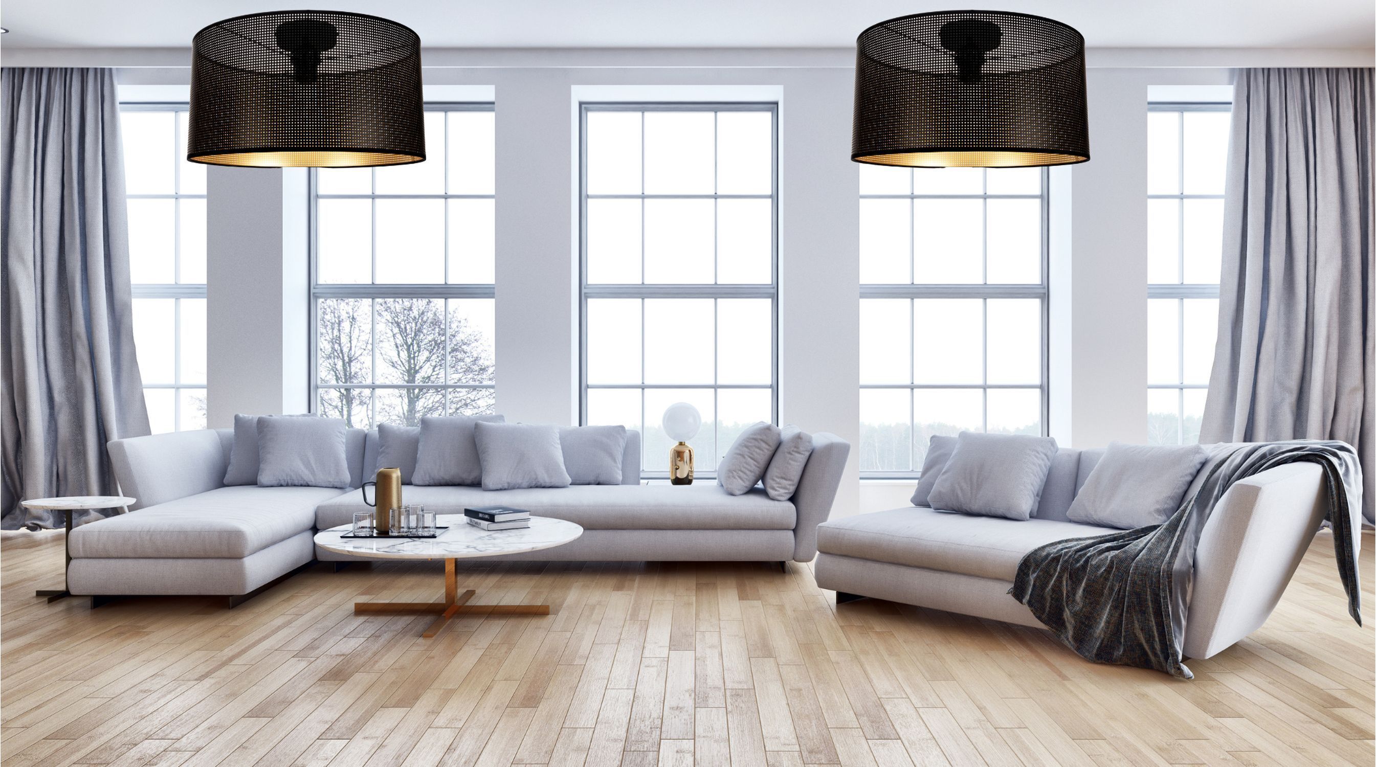 Loft Deckenleuchte Metall in Schwarz Gold E27 rund sofa, wohnzimmer, sektionssofa, grau, couchtisch