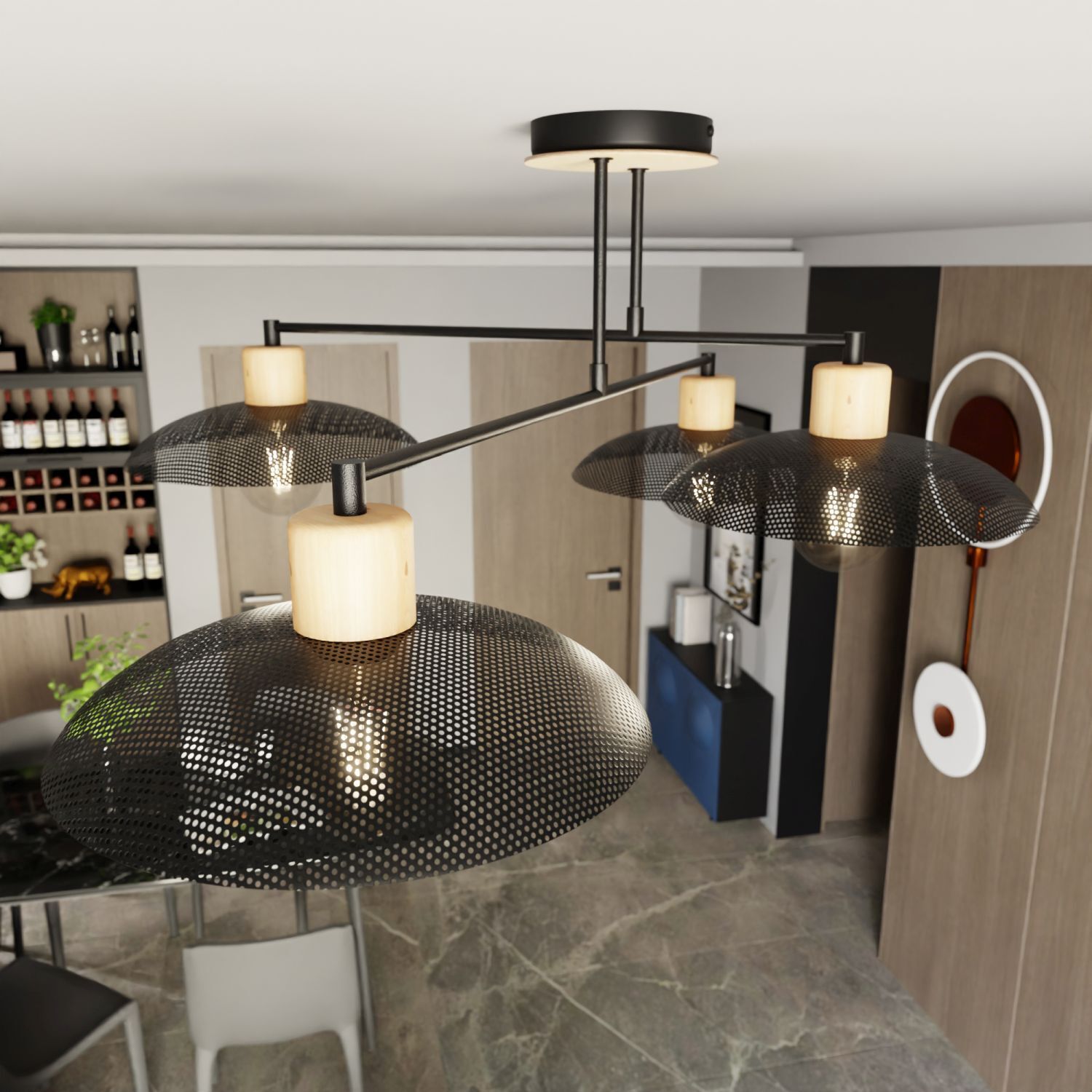 Deckenlampe Schwarz Holzoptik 100 cm lang Metall E27 4-flammig Fußboden, Tabelle, Tischplatte, Innenarchitektur, Stuhl