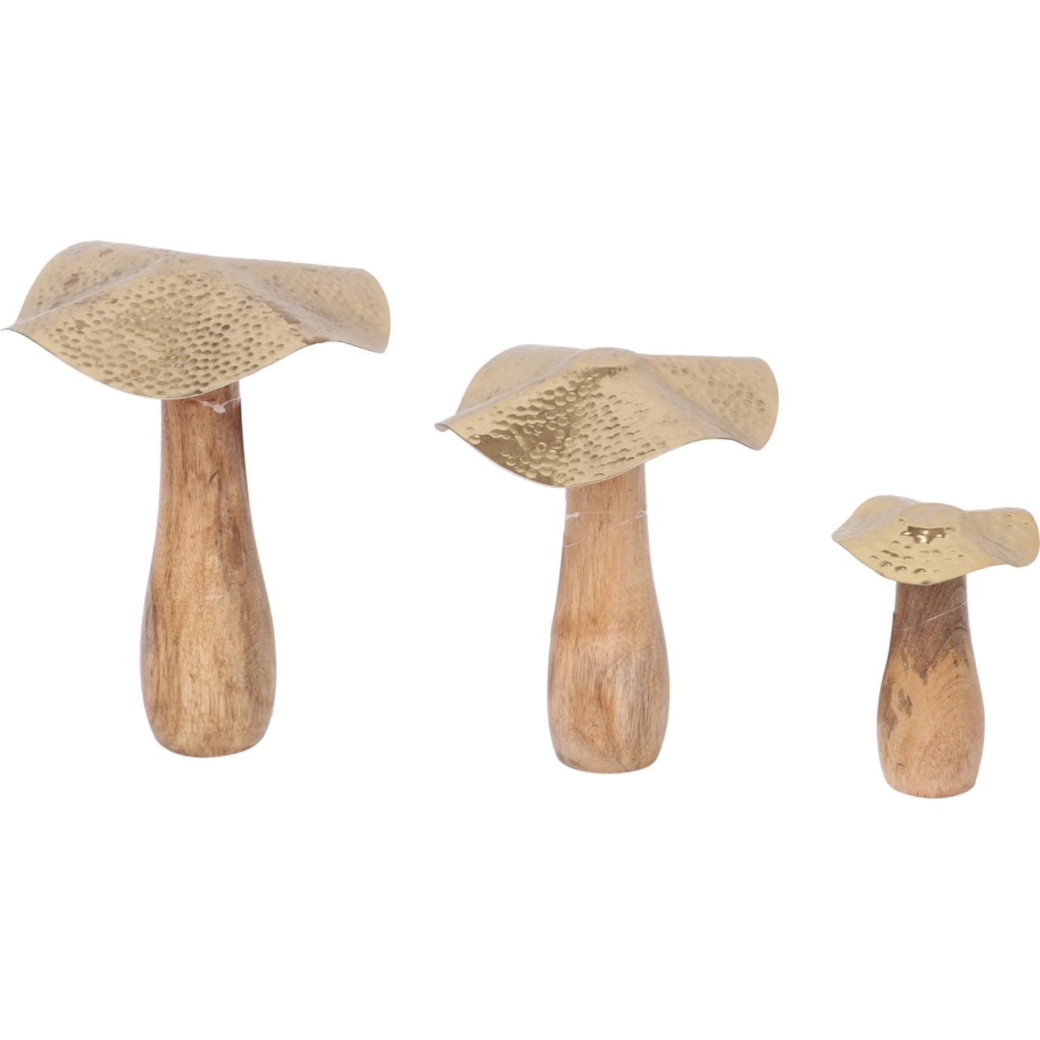 Statues décoratives Set de 3 champignons en bois de manguier Fer en or naturel