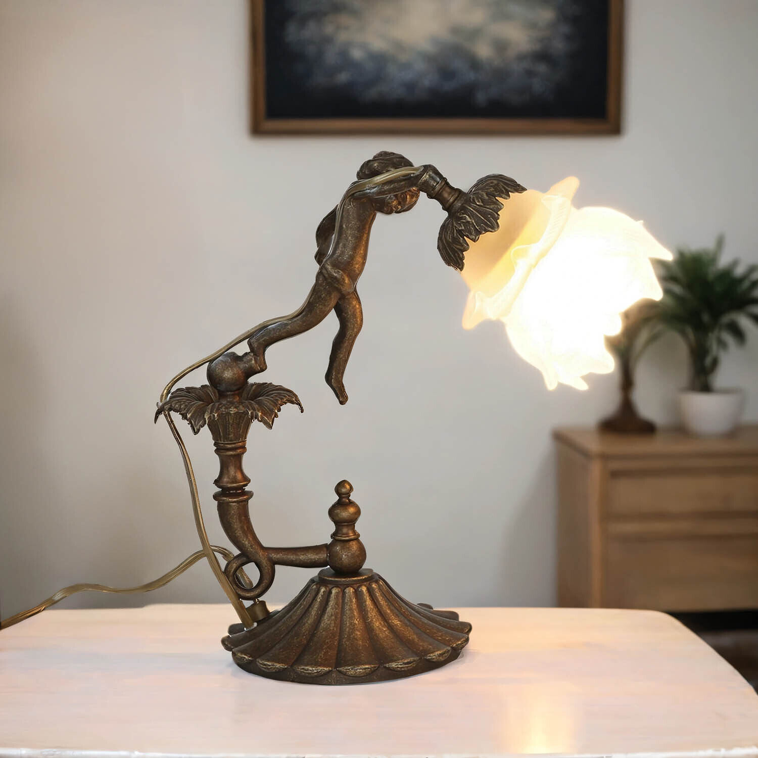 Lampe de table Putti en laiton véritable Antique Premium