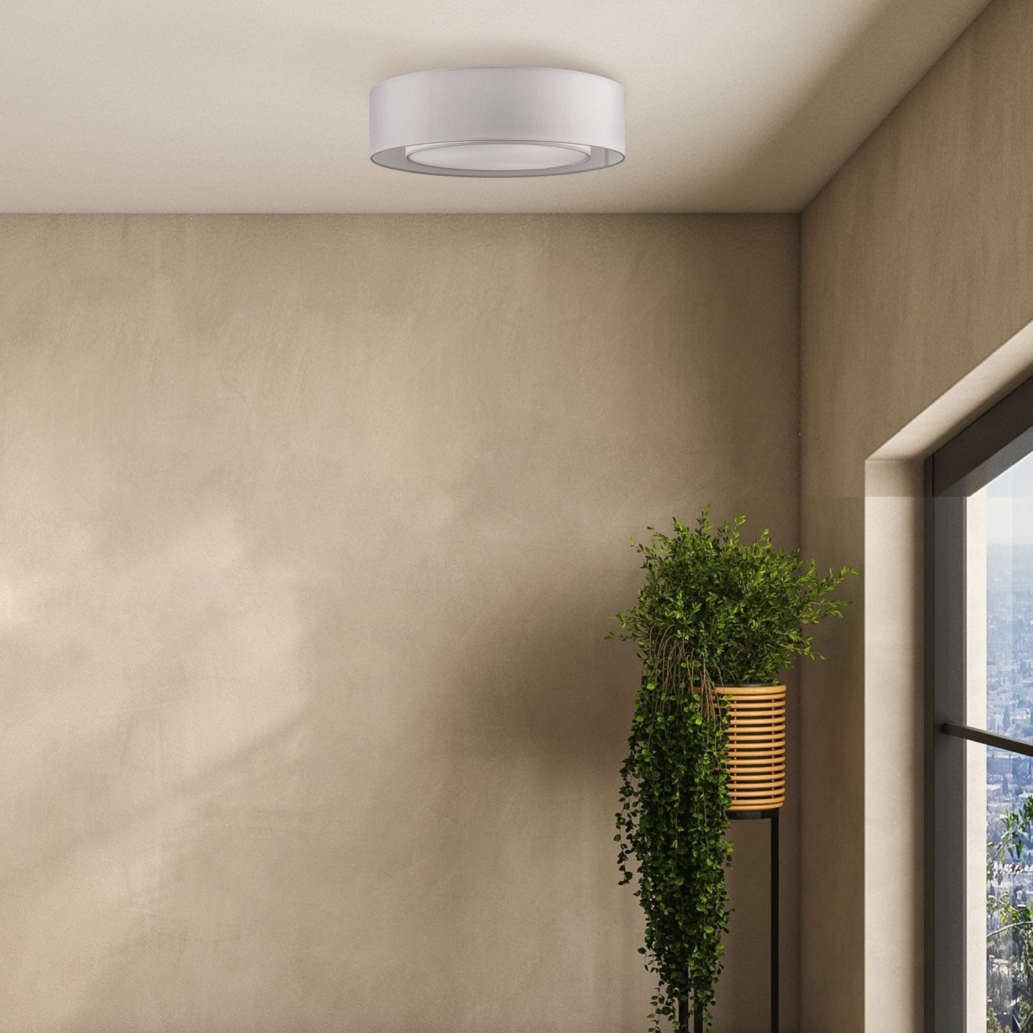 Deckenlampe Metall Stoff rund Ø 52 cm Chrom Hellgrau Deckenleuchte, Pflanze