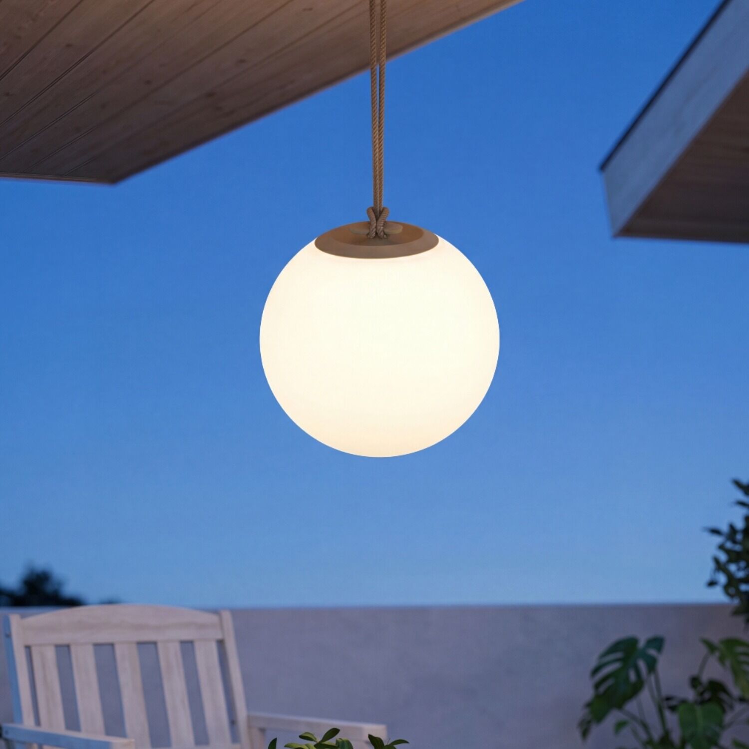 le126710-pendelleuchte-terrasse-garten-balkon-aussen-kunststoff-textil-modern-weiss-braun-01 hängelampe, globo, außenbeleuchtung, ballförmige lampe, glühendes licht