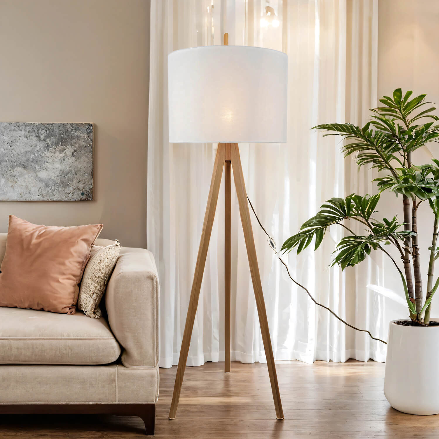 Stehleuchte klein 145 cm Dreibein E27 Stoff Holz Wohnzimmer