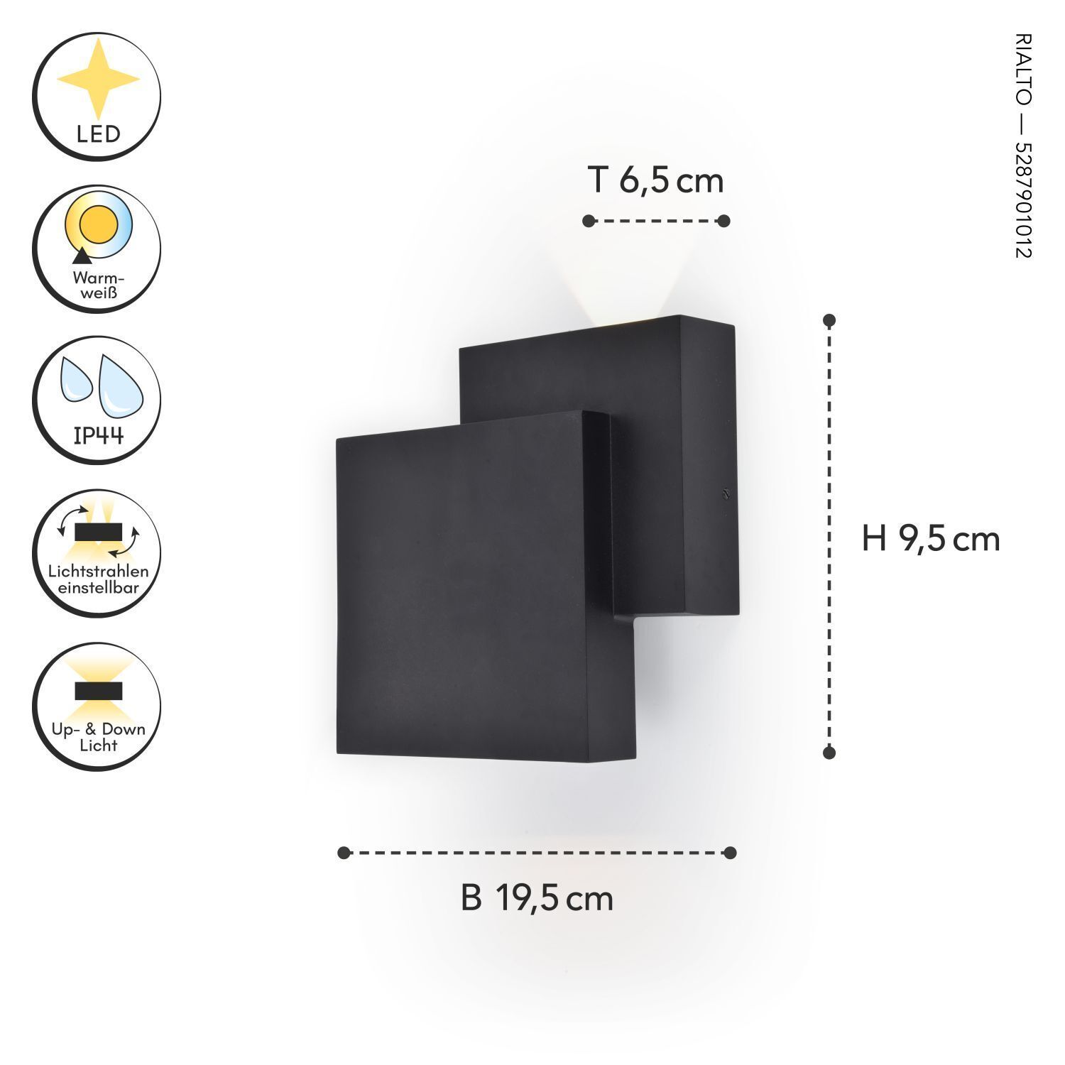 LED Außenleuchte Wand Up Down IP44 B:19,5 cm Schwarz Seite, Text