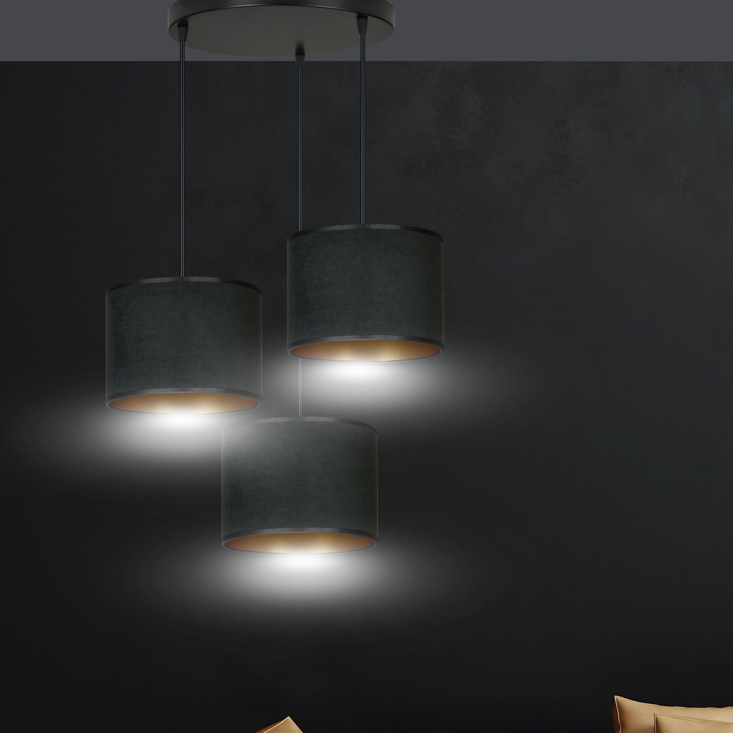 Lampe à suspendre 3 flammes tissu métal noir or E27