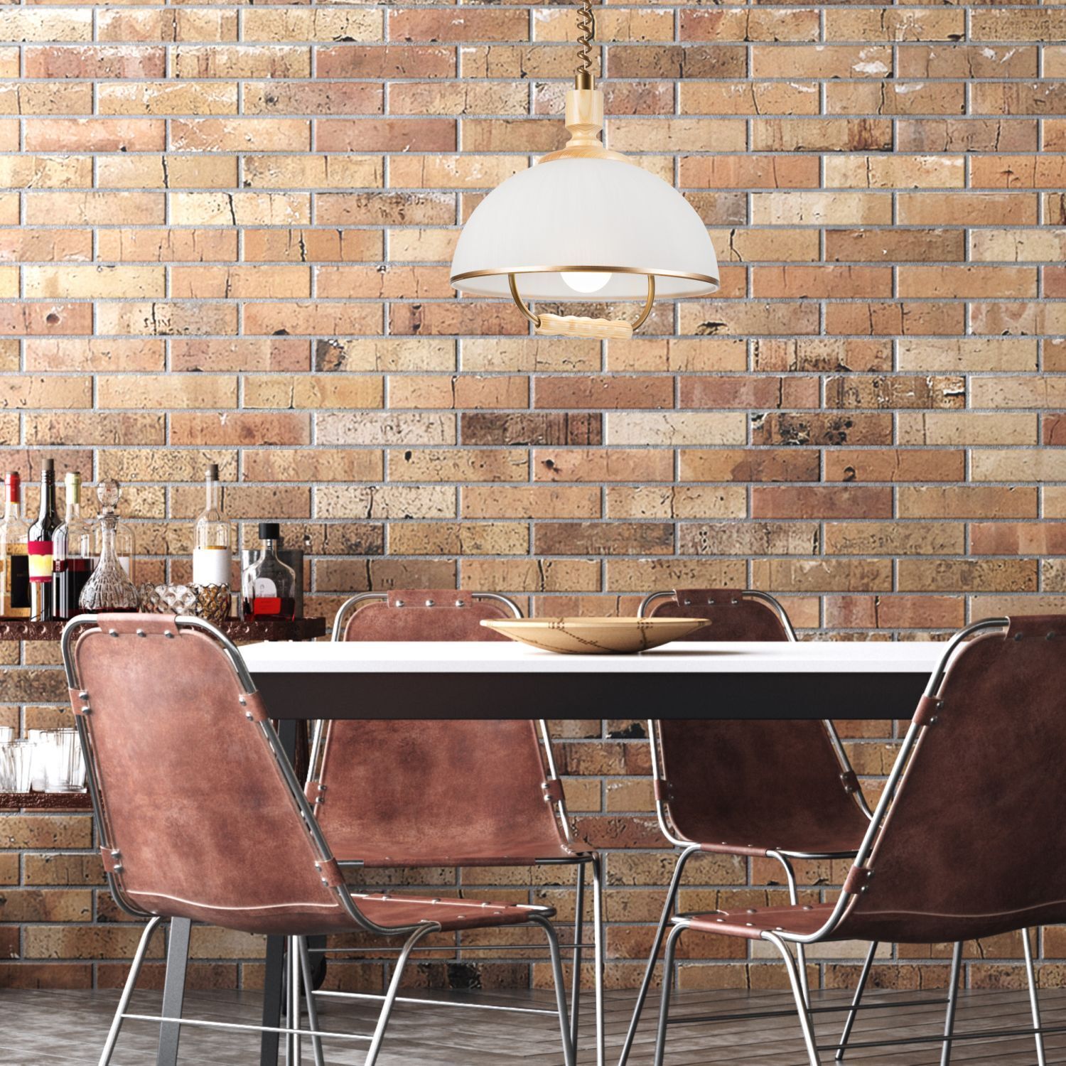 Runde Pendelleuchte Glas Holz E27 Ø30 cm blendarm Industrie-/Küchenlampe, Hängelampe, Weißer Lampenschirm, Metallrahmen Stühle, Backside leather chairs