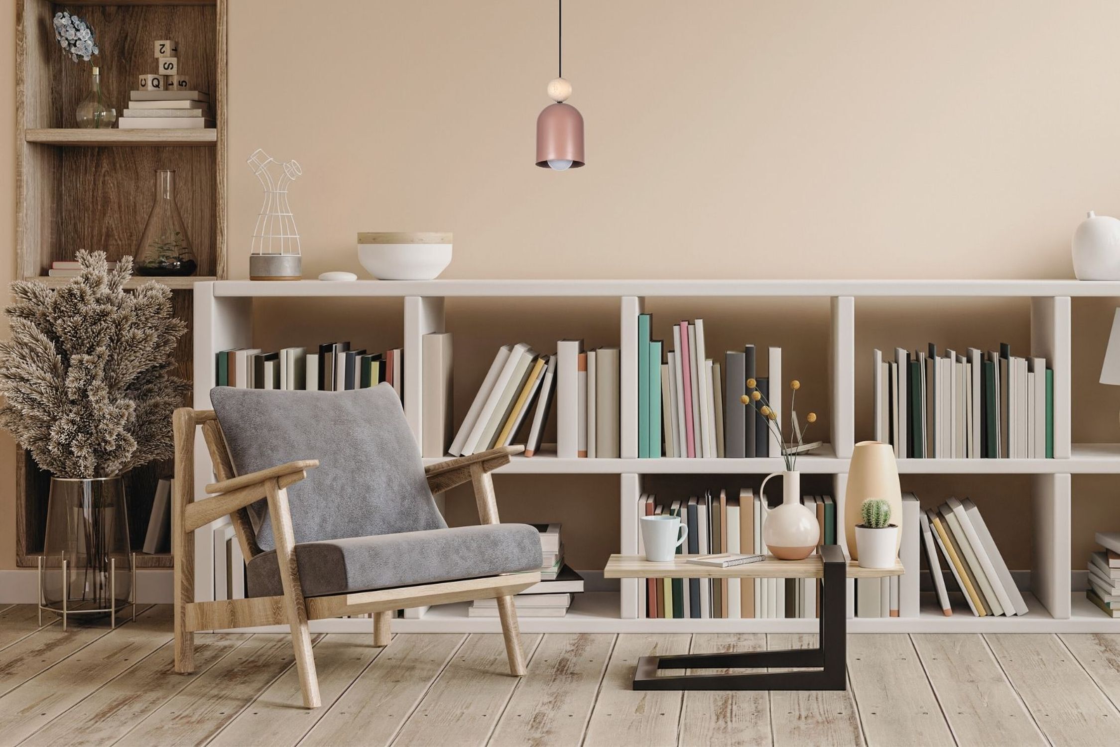 Gemütliche Pendelleuchte Rosa Metall Holz E27 Ø11 cm Moebel, Bücherschrank, Pflanze