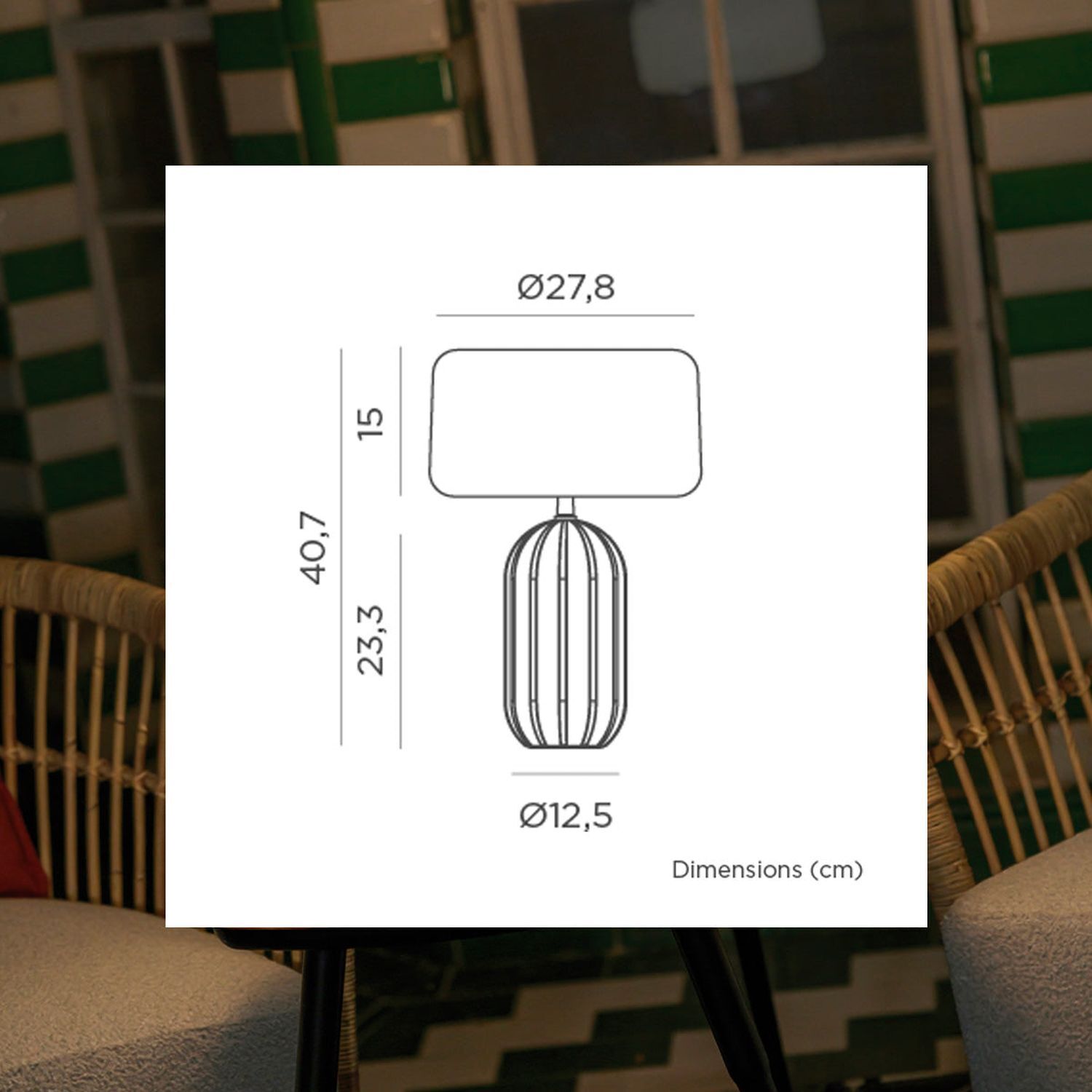 lampe, Tischlampe, Abmessungen, Metallrahmen, runder Schirm