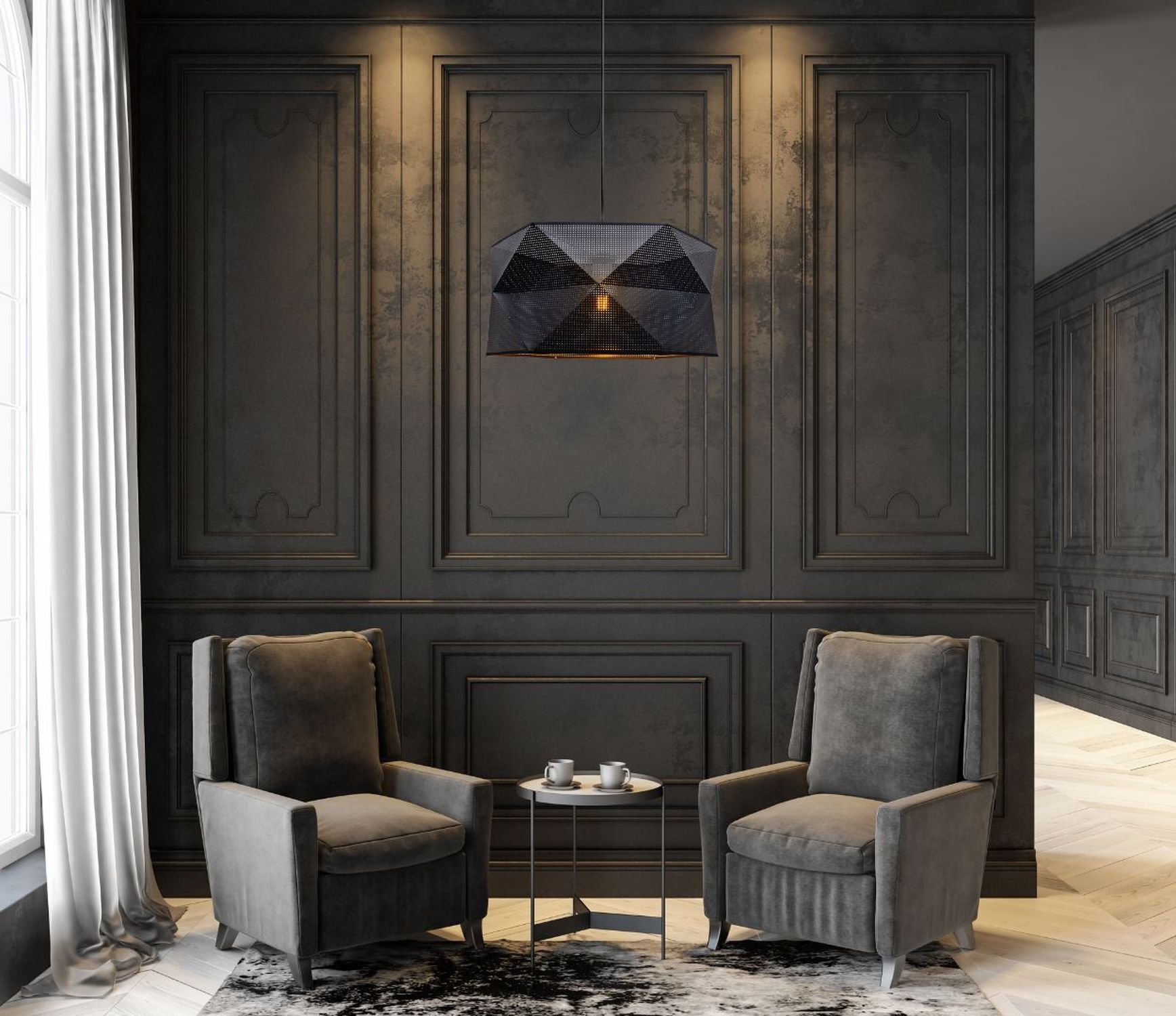 Sessel, Sesselarmlehne, dunkle Wandverkleidung, hängende Lampe, Kaffeetisch