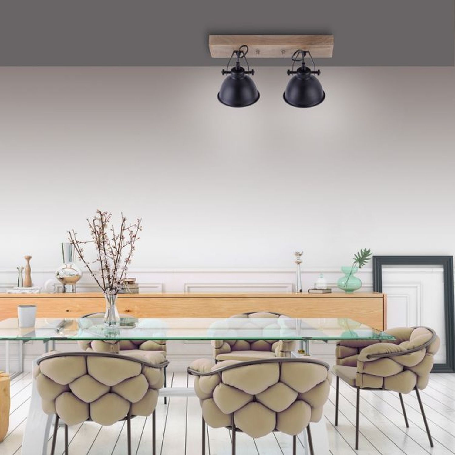 Flexibler Deckenspot Holz Metall E14 Schwarz Industrial Speisesaal, Esstisch, Mobiliar, Tabelle, Innenarchitektur