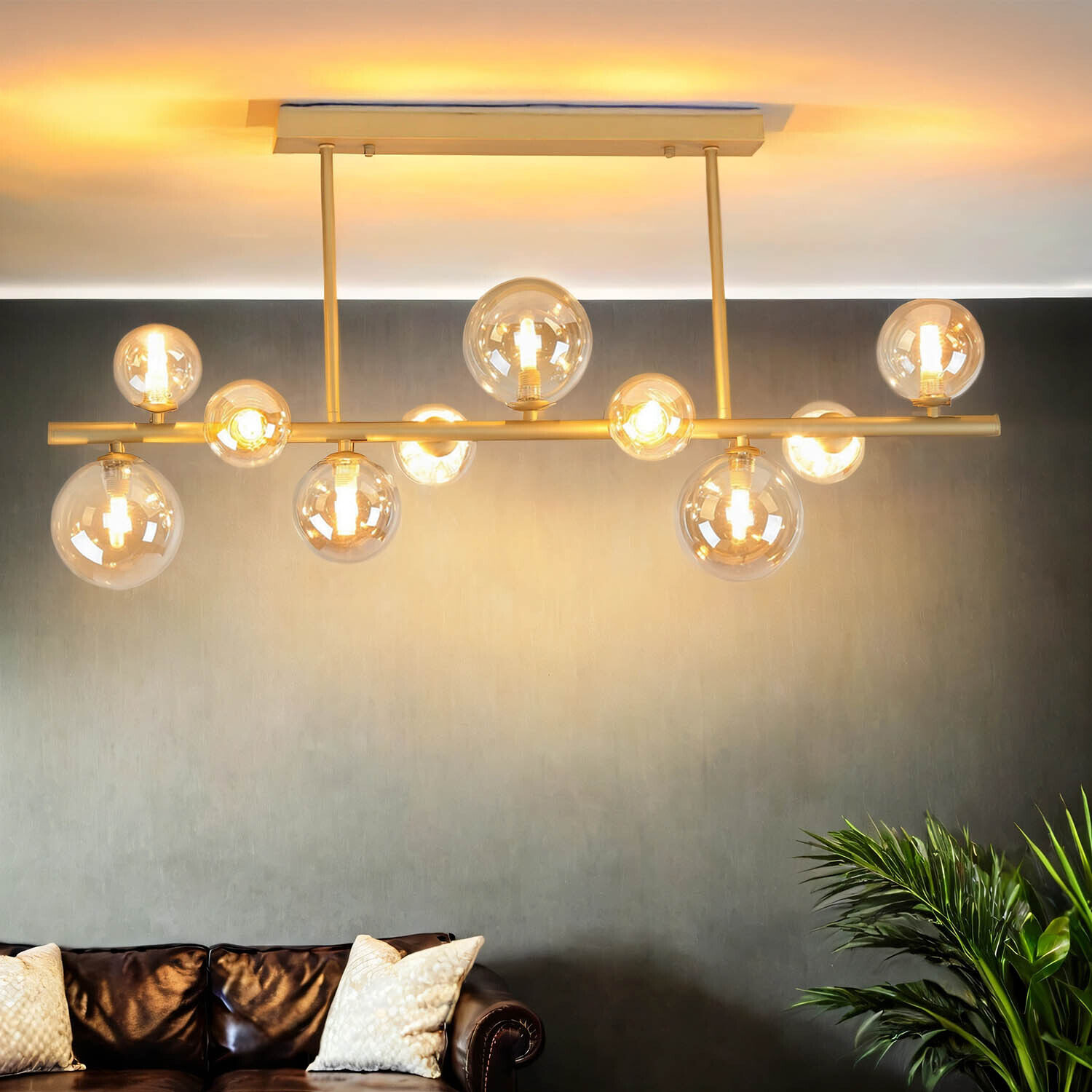 Deckenleuchte Rauchglas Metall 87 cm lang Creme Gold 10x G9 Leuchter, Lampe, Deckenleuchte, Kerze