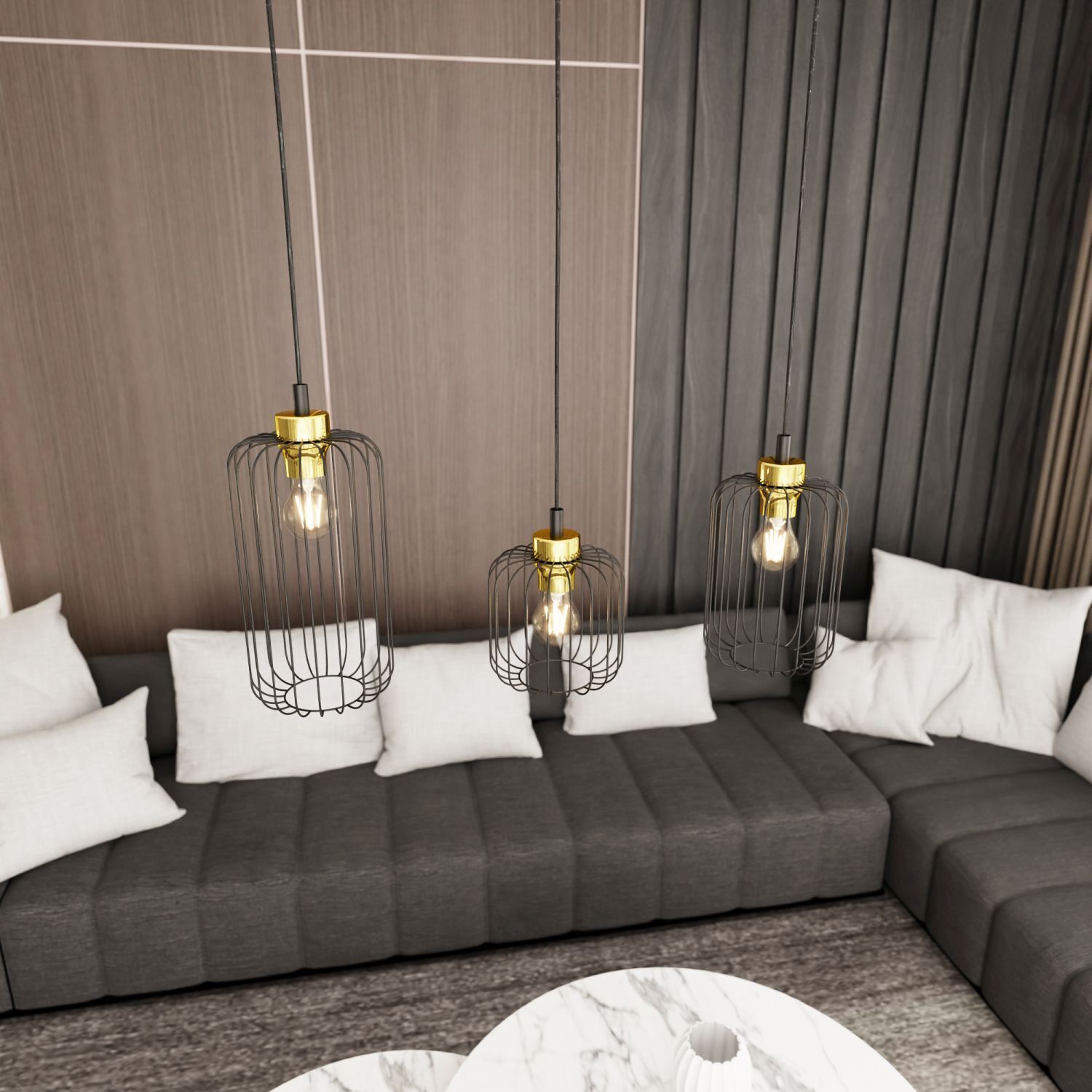 Elegante Hängelampe Schwarz Gold Metall E27 L:40 cm Pendelleuchte, Metallkorb, Gold-Kupfer, Beleuchtung, Wohnzimmer