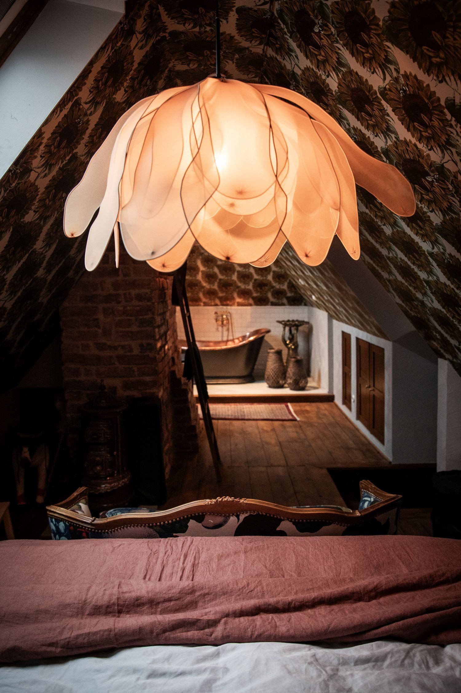 Hängelampe Stoff Metall E27 80 cm breit biegsam Natur Wohnen, Drinnen, Dachboden, Innenarchitektur, Lampe