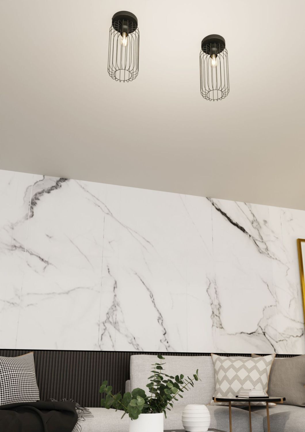 pendant light, Käfigleuchte, schwarzes Metall, zwei Leuchten, modernes Interieur