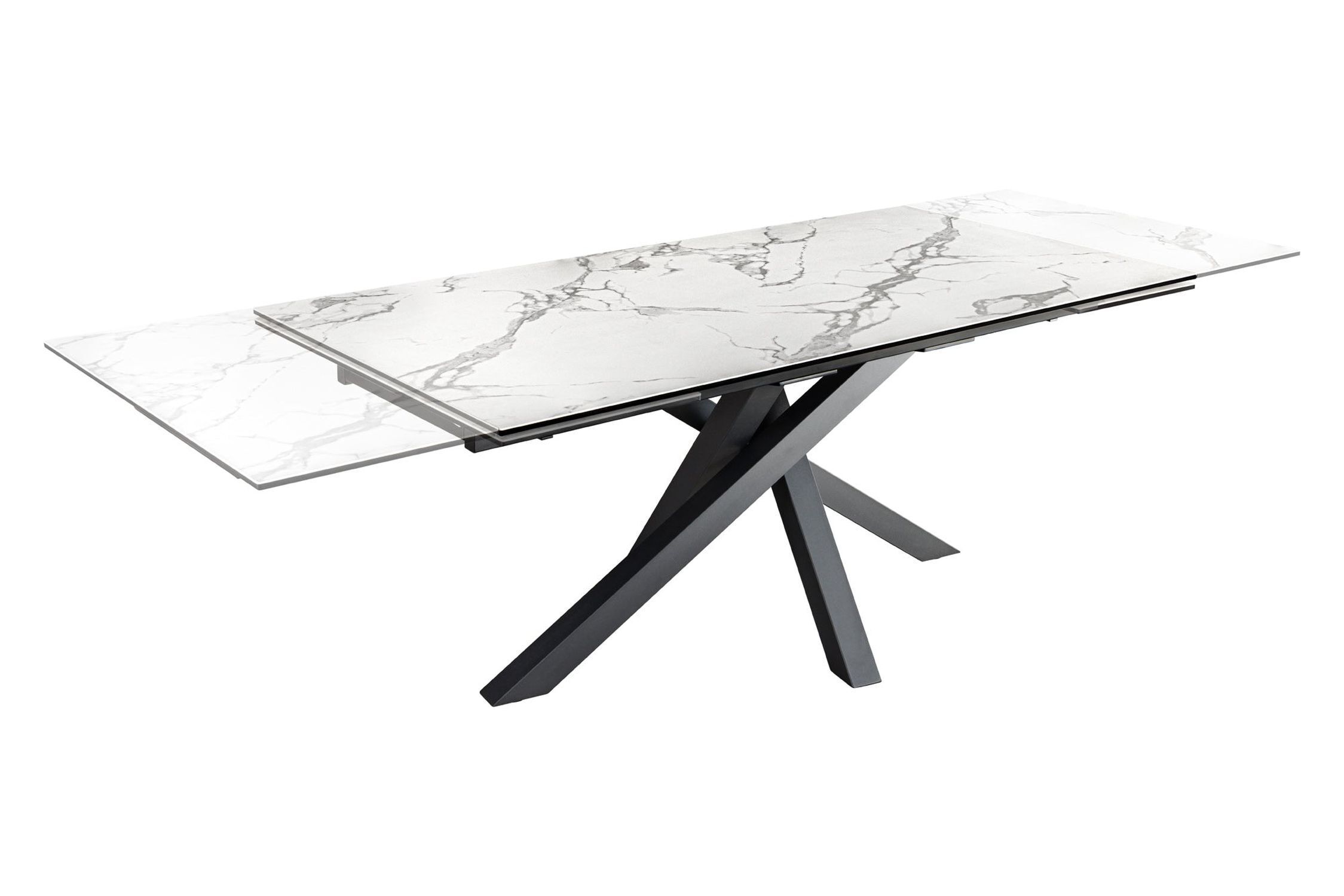 Esstisch ausziehbar Keramik Hartglas Metall in Weiß Schwarz Kaffeetisch, Mobiliar, Tabelle, Esstisch, Tischplatte