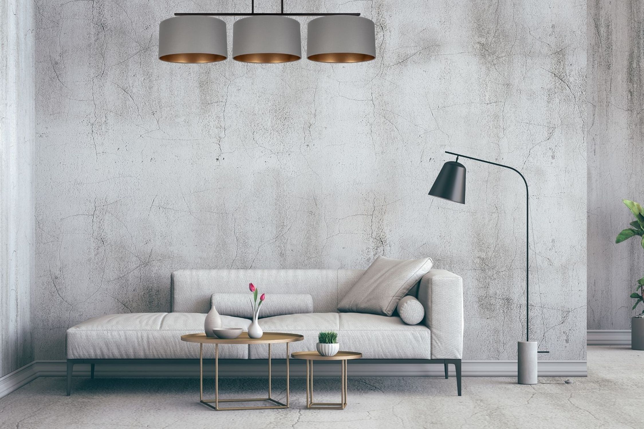 Blendarme Deckenlampe Stoff Graphit Gold E27 3-flammig sofa, Wohnzimmer, Betonwand, Lampe, Couchtisch