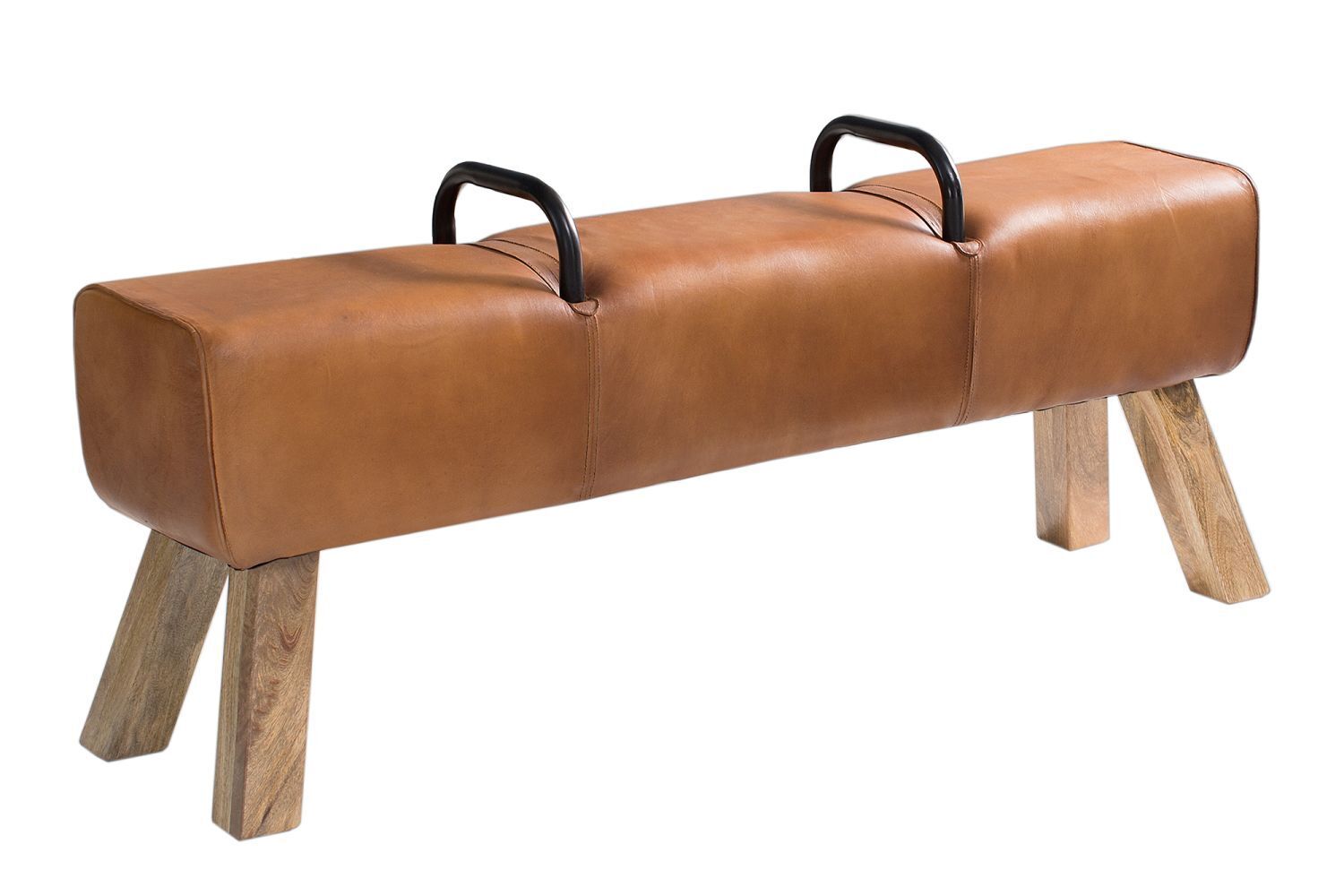 Banc cuir véritable bois massif 120 cm en brun naturel