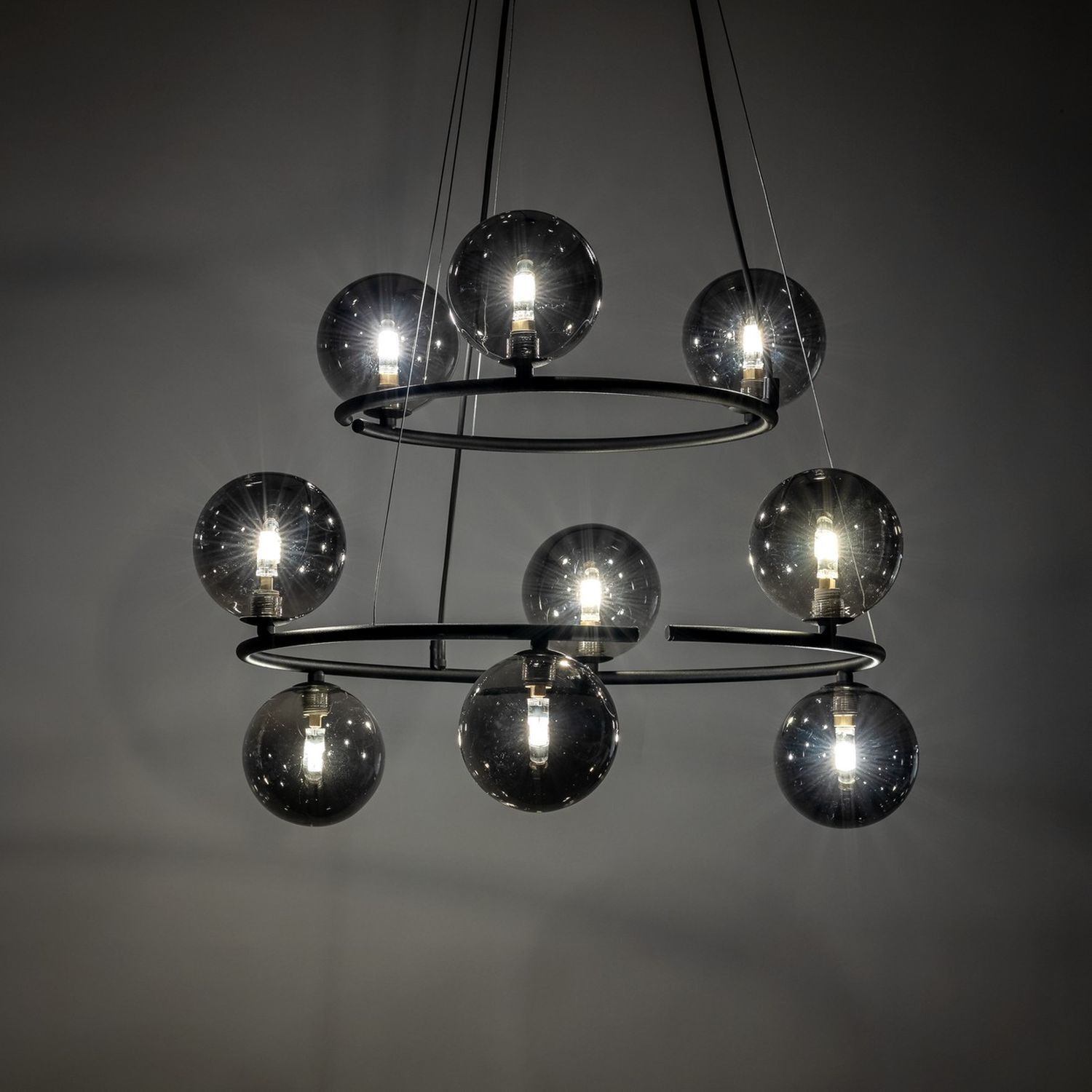Suspension métal verre fumé G9 noir graphite 2 anneaux