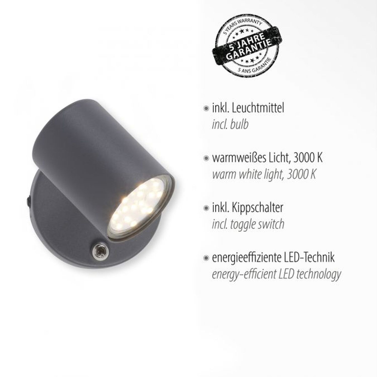 Projecteur mural mobile Noir Interrupteur GU10 P:12 cm