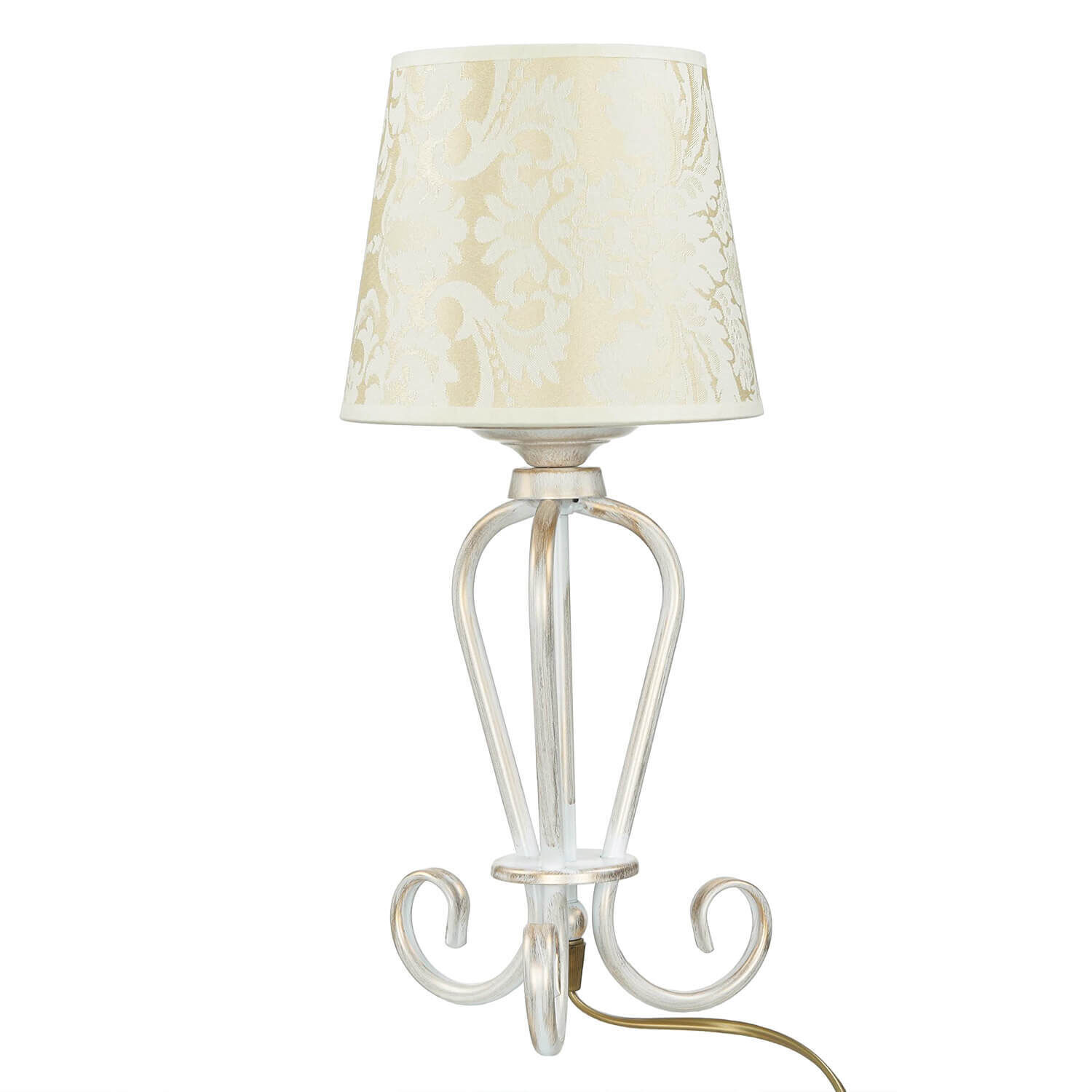 Nachttischlampe Shabby Gold Weiß Stoff Schirm 45cm