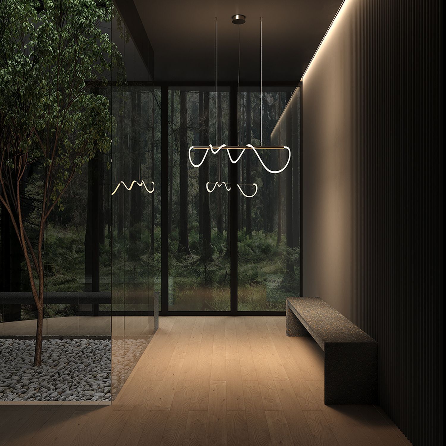 Suspension LED aluminium doré blanc allongé YARA