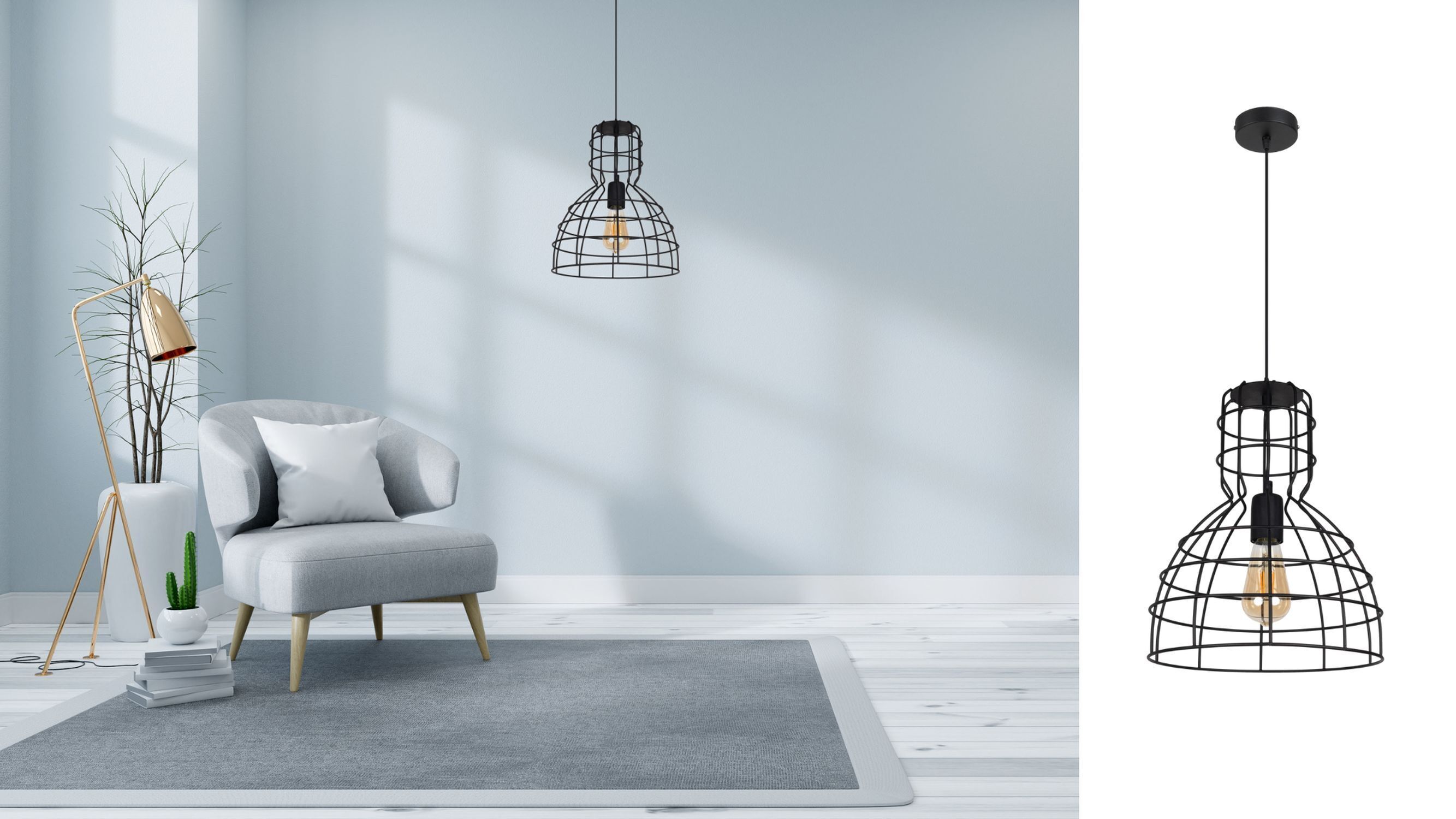 Schwarze Hängelampe Drahtschirm Metall Ø30 cm E27 Loft Lampe, Pflanze, Stuhl, Mobiliar