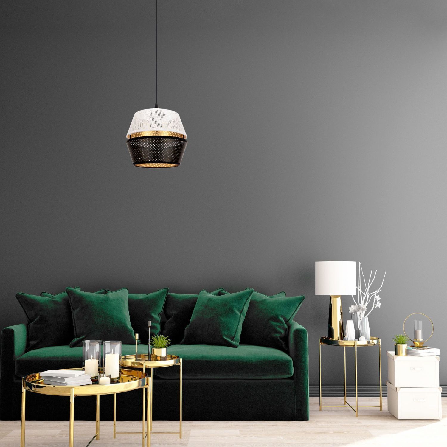 Runde Pendelleuchte Metall Schwarz Weiß Gold E27 Ø20 cm Lampe, Wohnzimmer, Couch, Dekoration für Zuhause, Tabelle