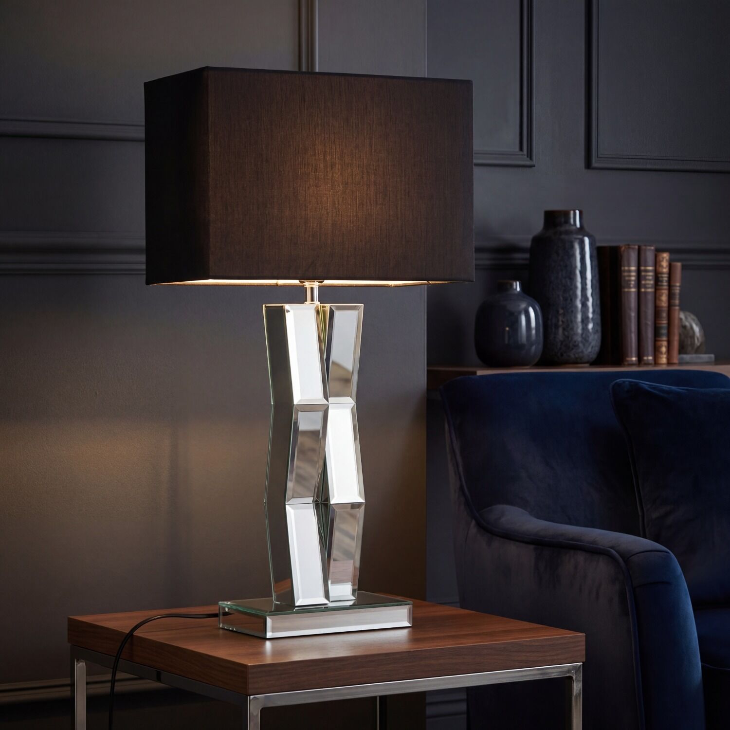 1-tischleuchte-stoff-glas-modern-schwarz Tischlampe, Kristallbasis, Schwarzlampe, Glasstruktur, Nachttischlampe