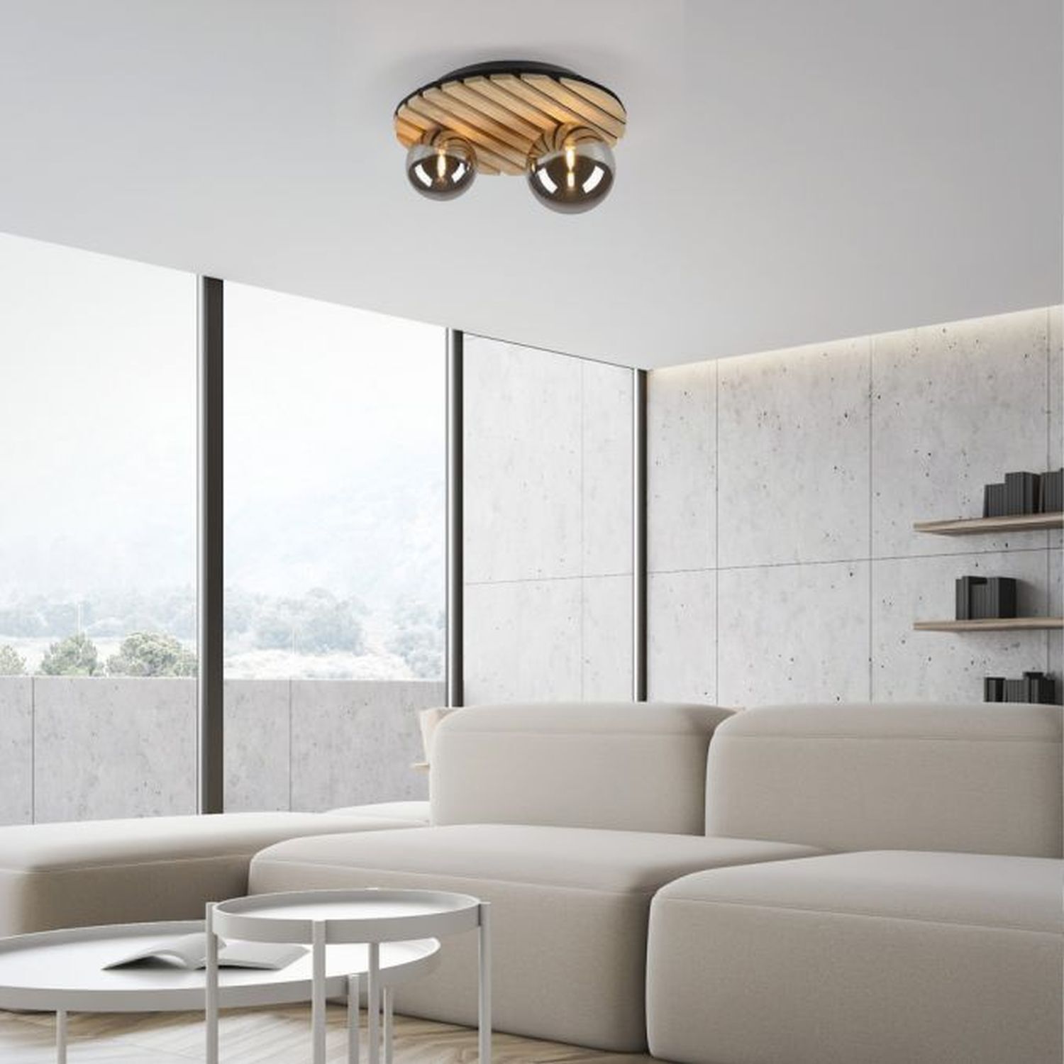 Lampe de plafonnier confortable Boules de verre en bois G9 Ø38,5 cm Naturel Moebel, Wohnzimmer, Innenarchitektur, Inneneinrichtung, Couch