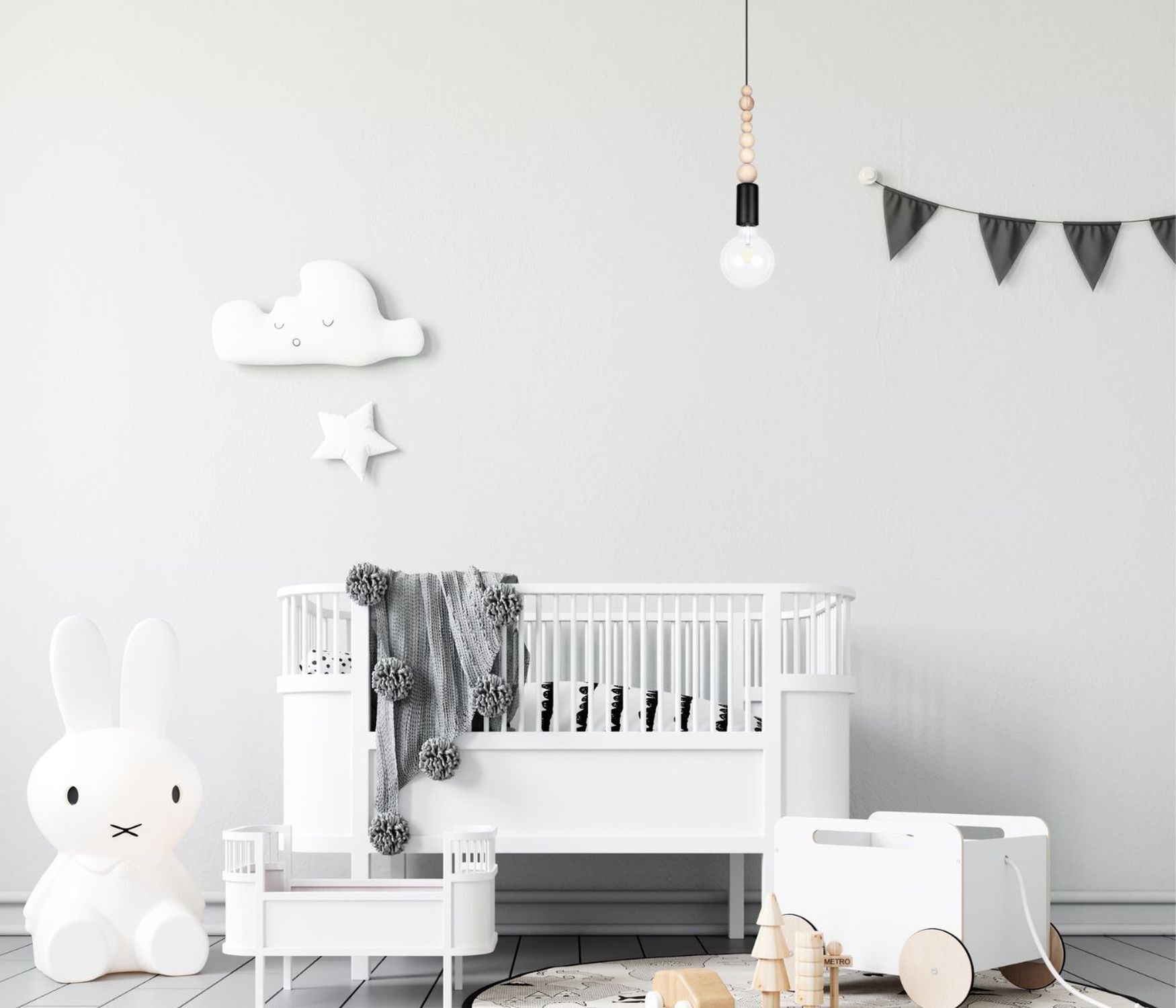 babybett, kinderzimmer, grau-weiß, spielzeug, mobiles