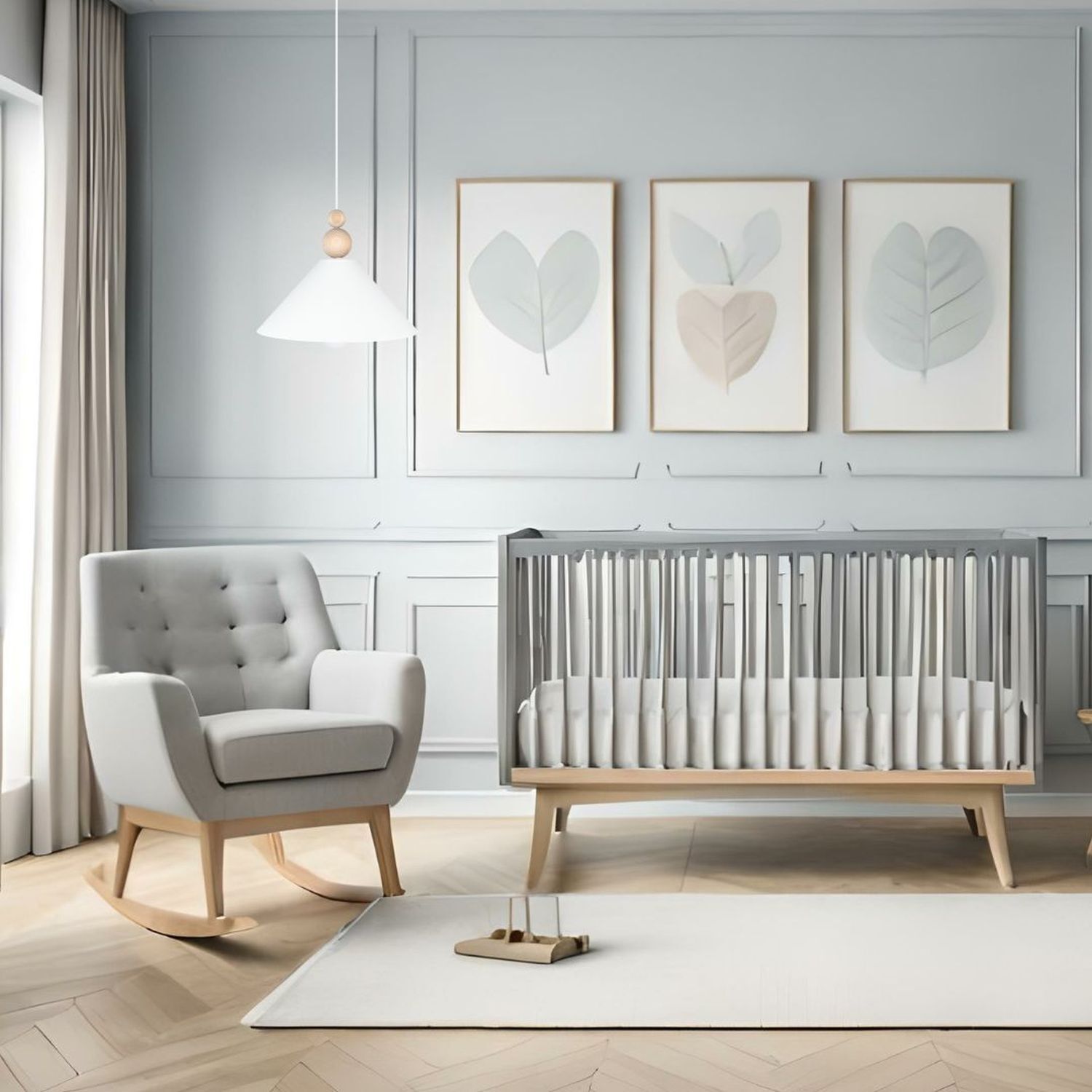 Baby-Krippe, Baby-Möbel, Schaukelstuhl, neutrales Kinderzimmer, Holzrahmen
