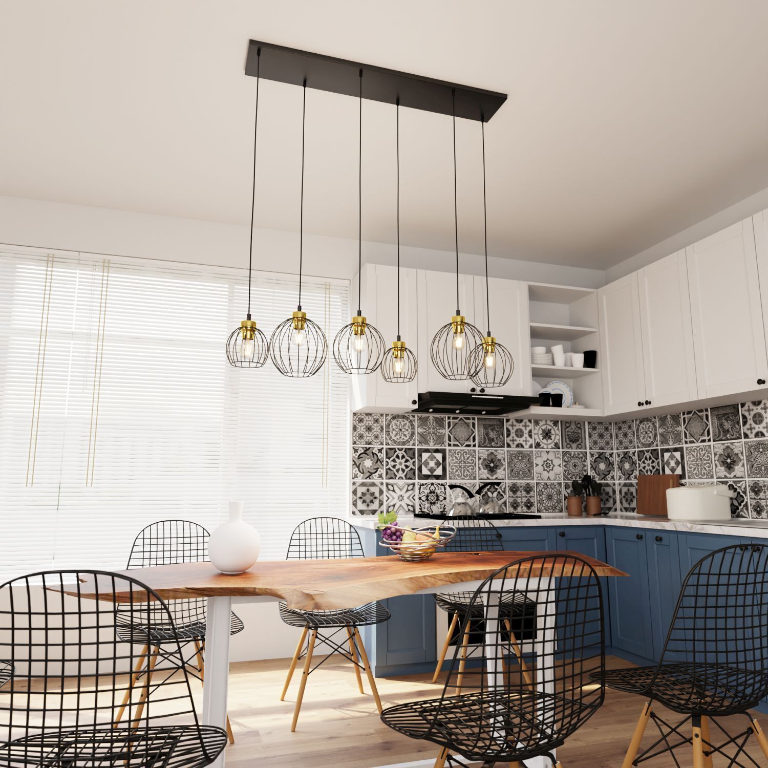 kitchen, pendant lights, industrial chair, wood table, tile backsplash