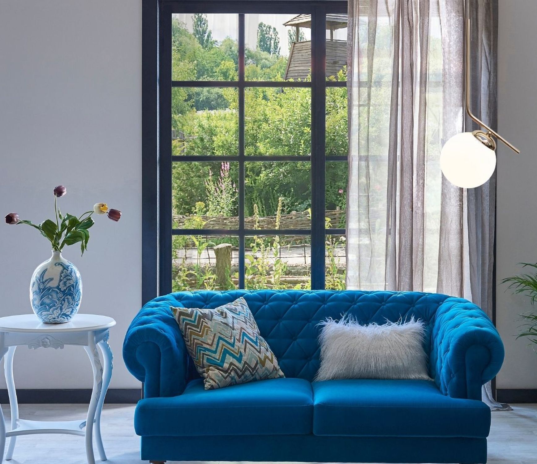 Goldene Pendelleuchte Glas blendarm L:15 cm E27 Metall sofa, blau, gesteppt, Samt, kissen