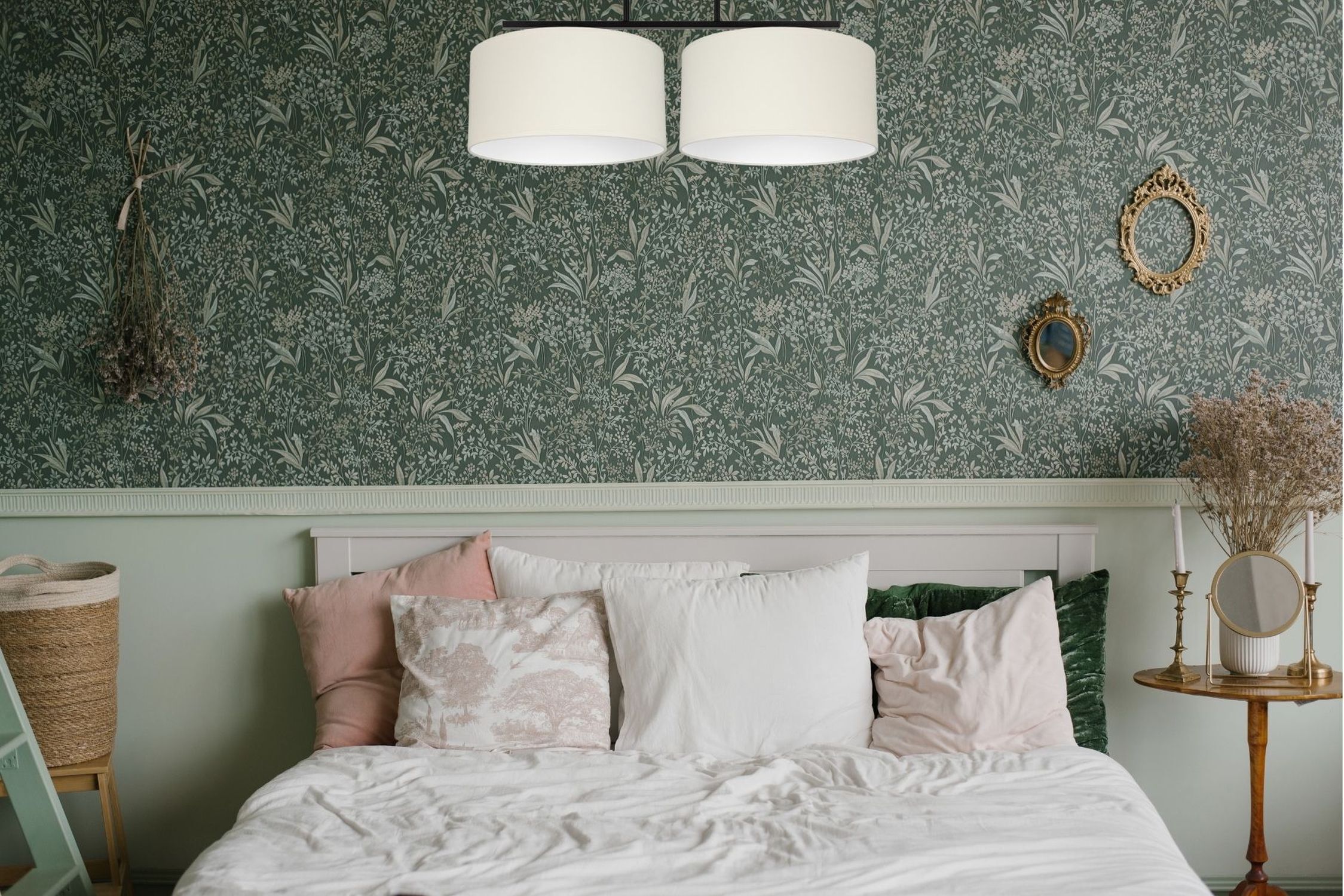 Deckenleuchte Stoff blendarm Schwarz Creme E27 L:70 cm Tapetenmuster, Blumenmuster, Wandtapete, Grün, Schlichtes Bettsetup