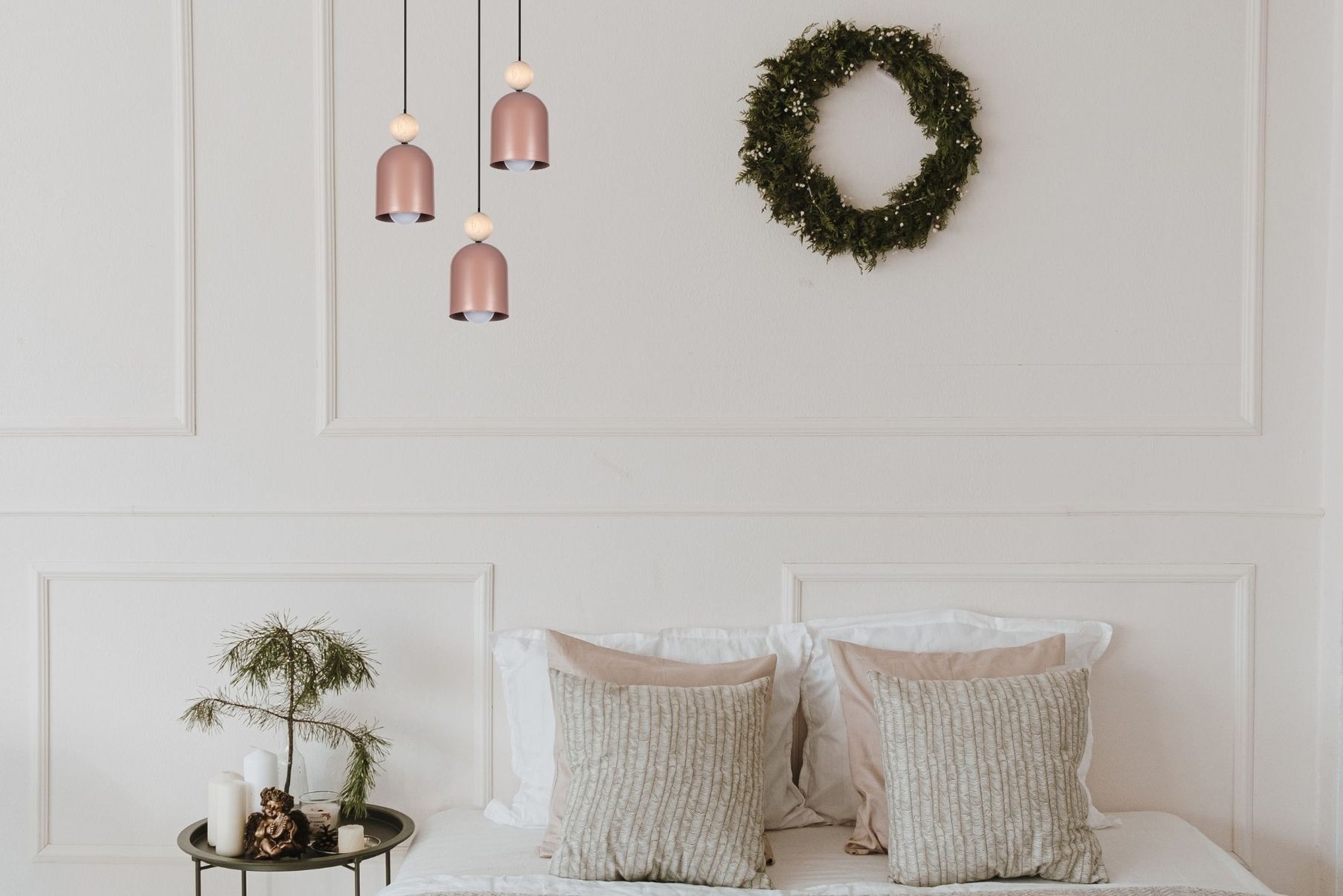 Runde Pendelleuchte Pink Metall Holz 3-flmg E27 Ø36 cm Kissen, Dekoration für Zuhause