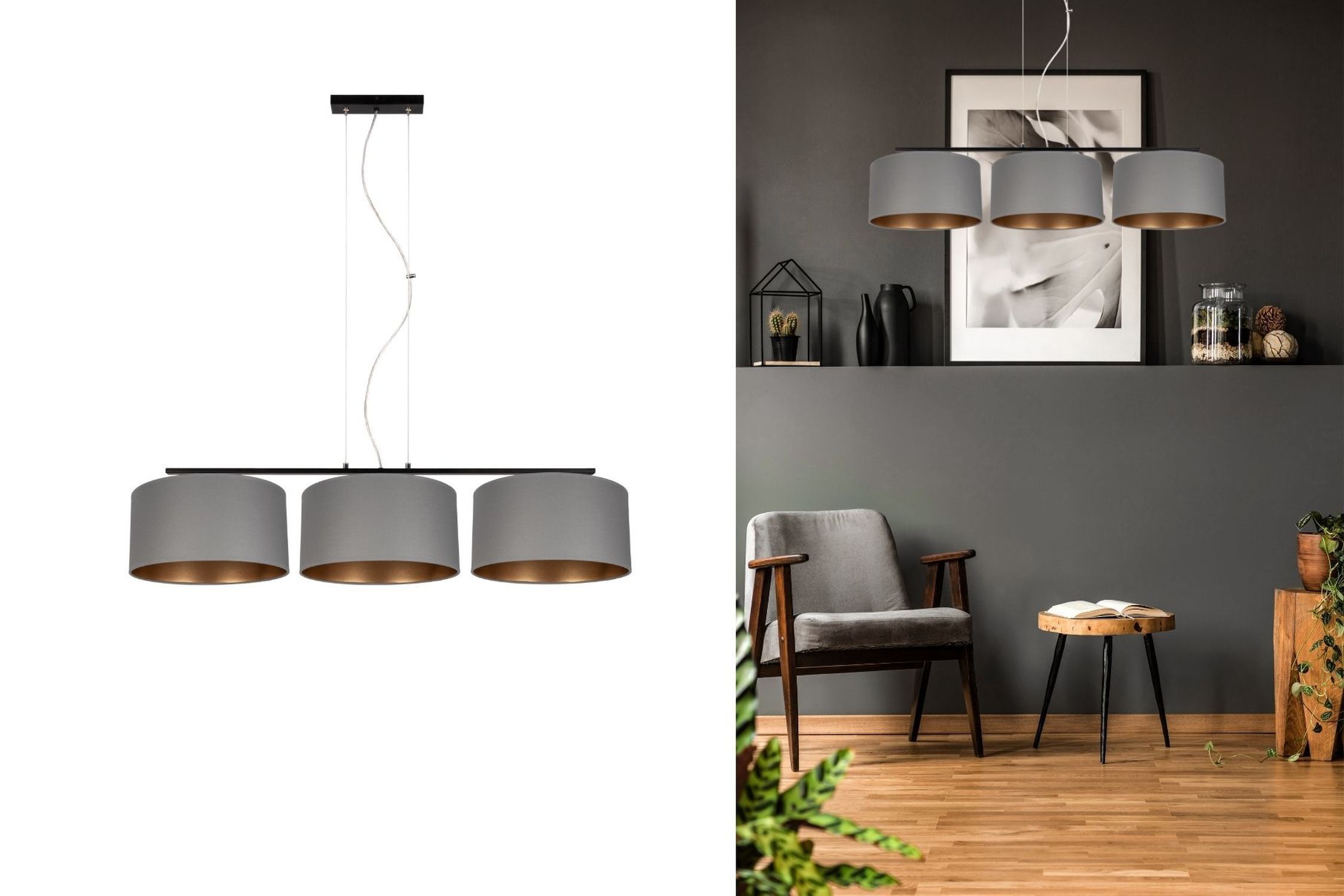 Gemütliche Hängelampe Stoff Grau Gold E27 100 cm lang hängelampe, pendelleuchte, drei lampenschirme, graue farbton, metallrahmen