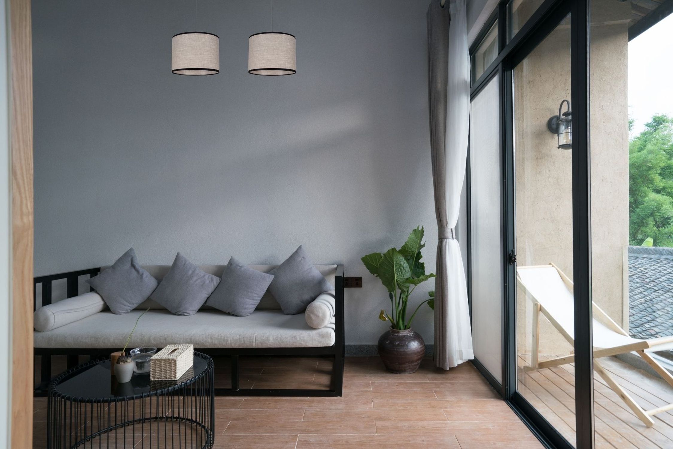 Lange Hängelampe Stoff Schwarz Beige E27 50 cm 2-flmg Balkon, Innenarchitektur, Pflanze, Dekoration für Zuhause, Wohnzimmer