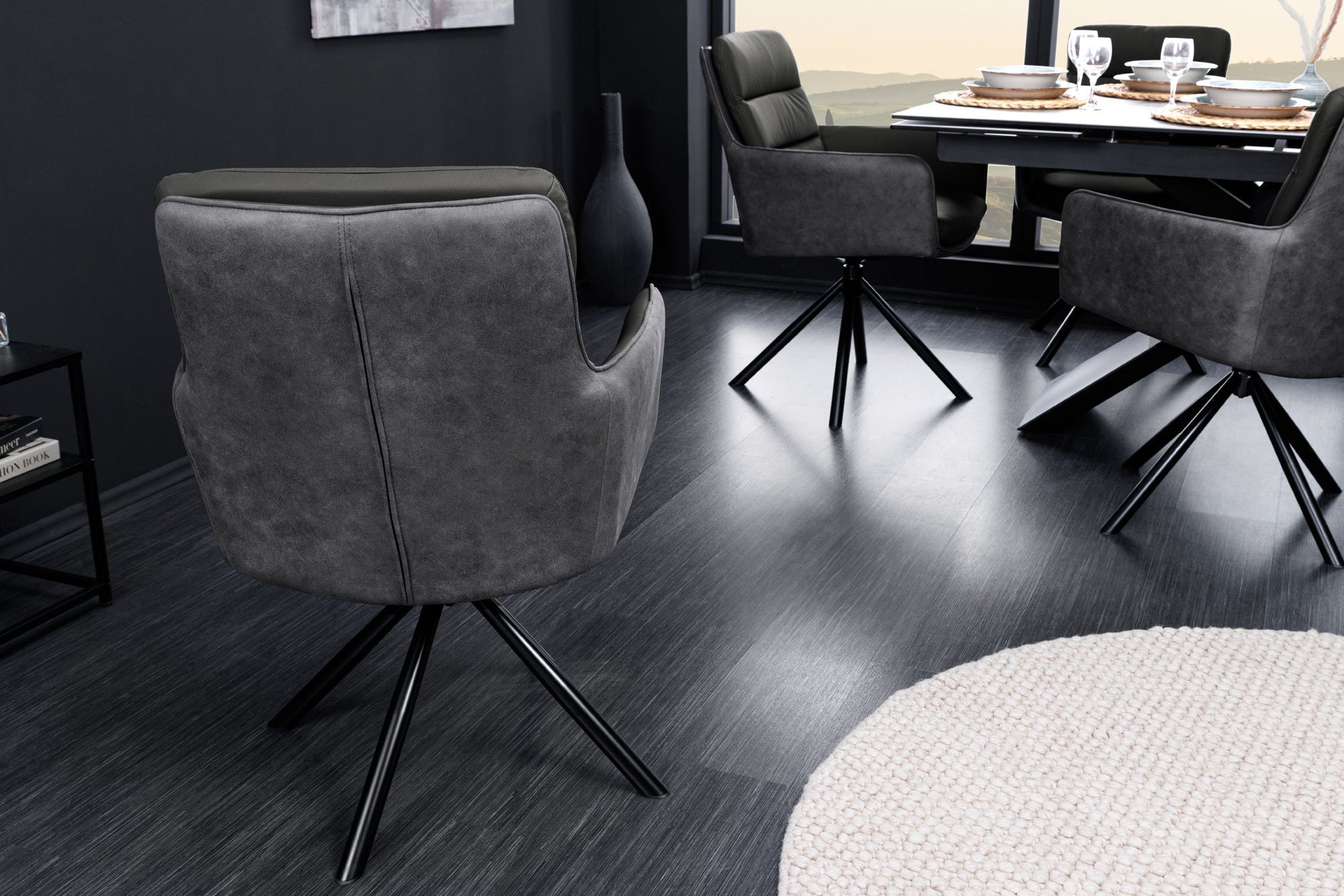 Chaise pivotante cuir tissu métal gris noir sans roulettes Fußboden, Bodenbeläge, Stuhl, Mobiliar, Inneneinrichtung