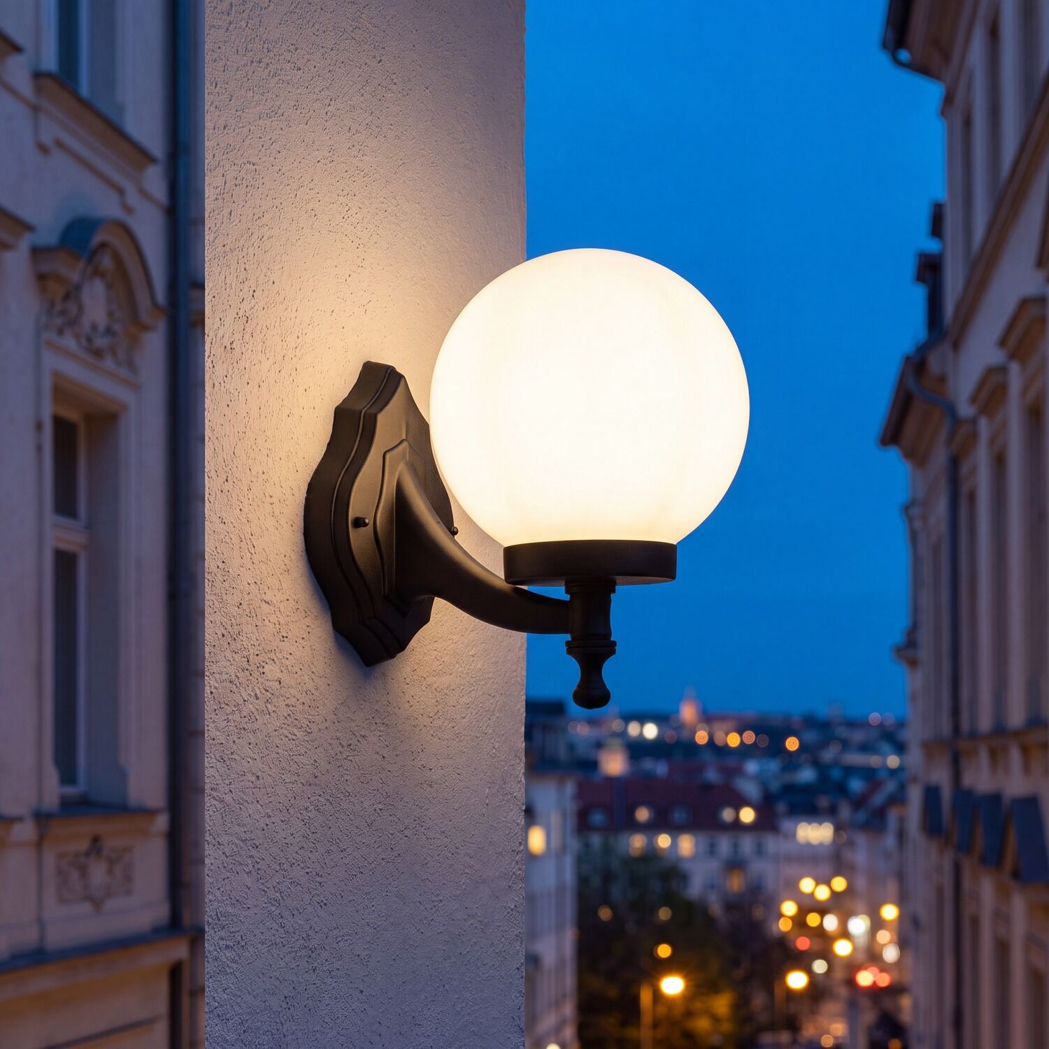 le51423-wandlampe-terrasse-eingangsbereich-aussen-metall-glas-klassisch-ip44-schwarz-weiss-02 Außenlampe, Wandlampe, Glühbirne, Runde Leuchte, Urbanes Abendlicht