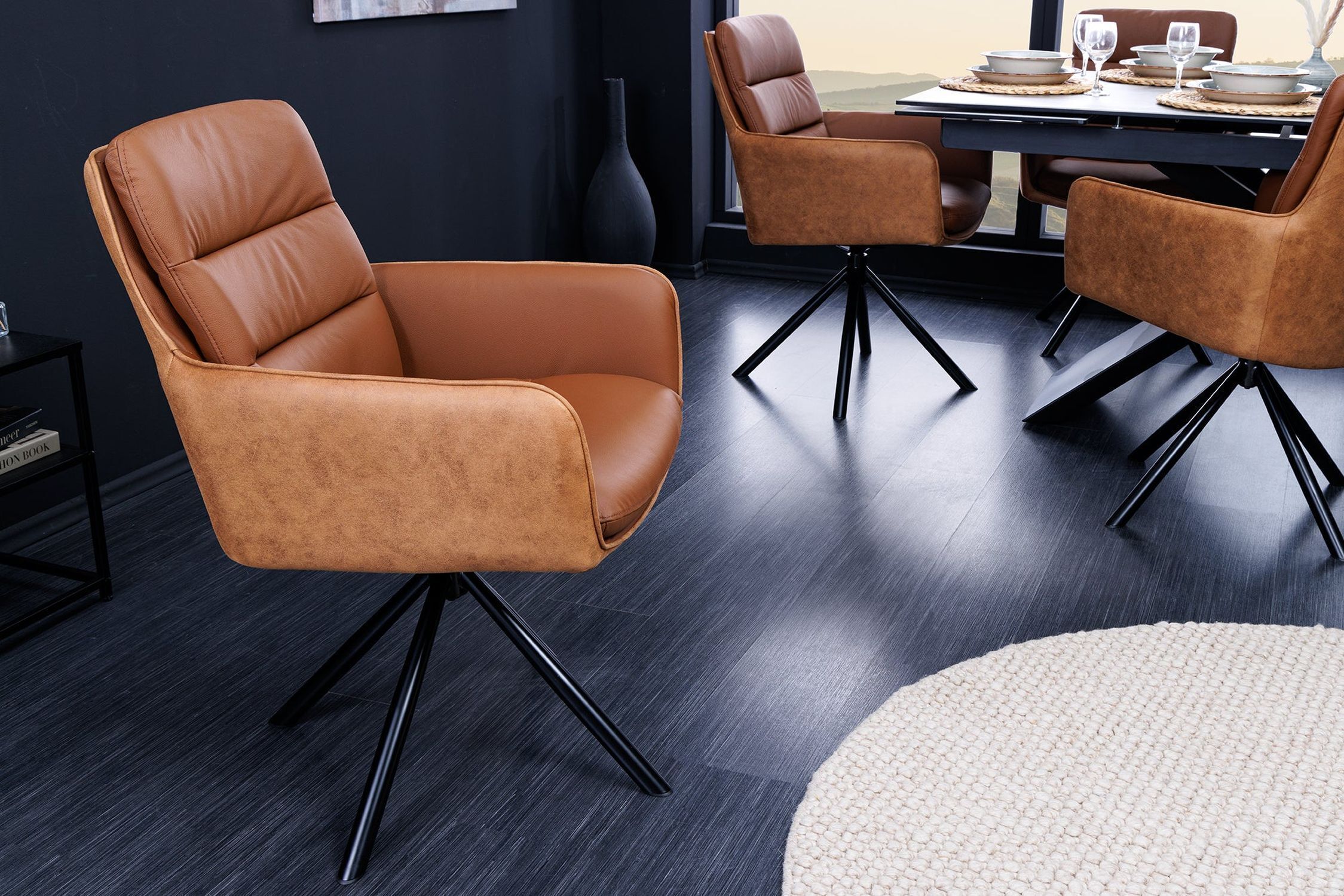 Drehstuhl Leder Stoff Metall ohne Rollen in Braun Schwarz Moebel, Fußboden, Stuhl, Bodenbeläge