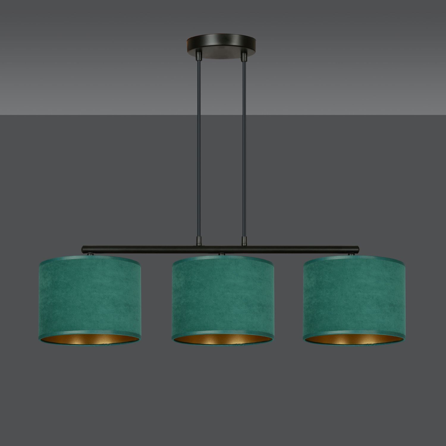 Lampe à suspendre tissu métal L : 72 cm noir vert or 3x E27