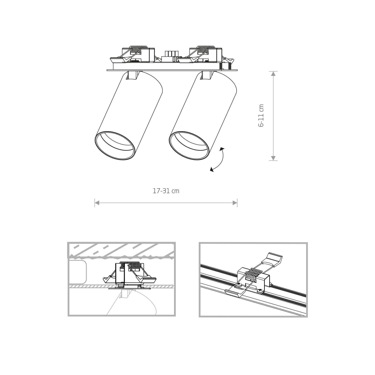 Deckenstrahler Unterputz 17 cm breit 2-flammig GU10 Weiß CAD-Diagramm, Diagramm