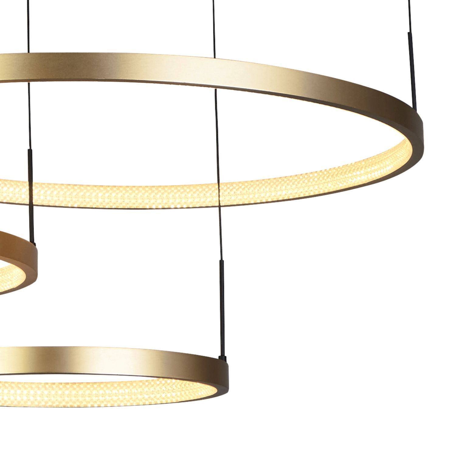 Longue lampe LED suspendue en noir anneaux d'or 112 cm