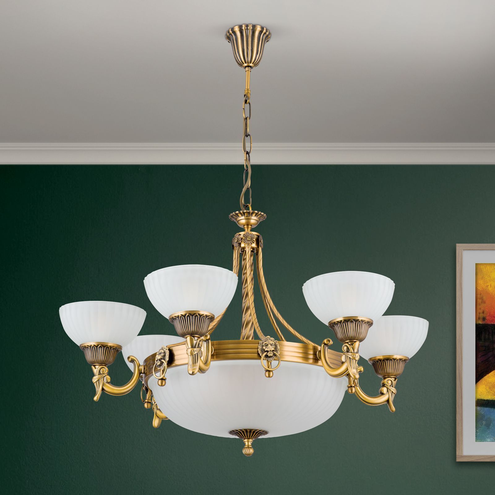 Kronleuchter, GoldFinish, WeißeGlas, Deckenleuchte, PendelKronleuchter