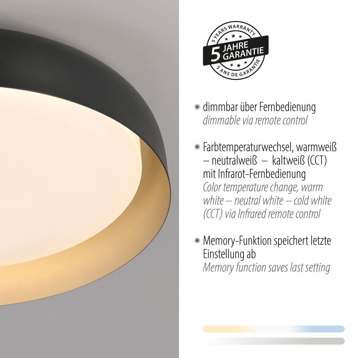 Dimmbare LED Deckenlampe Schwarz Gold Ø57 cm 3850 lm Deckenleuchte, Teller