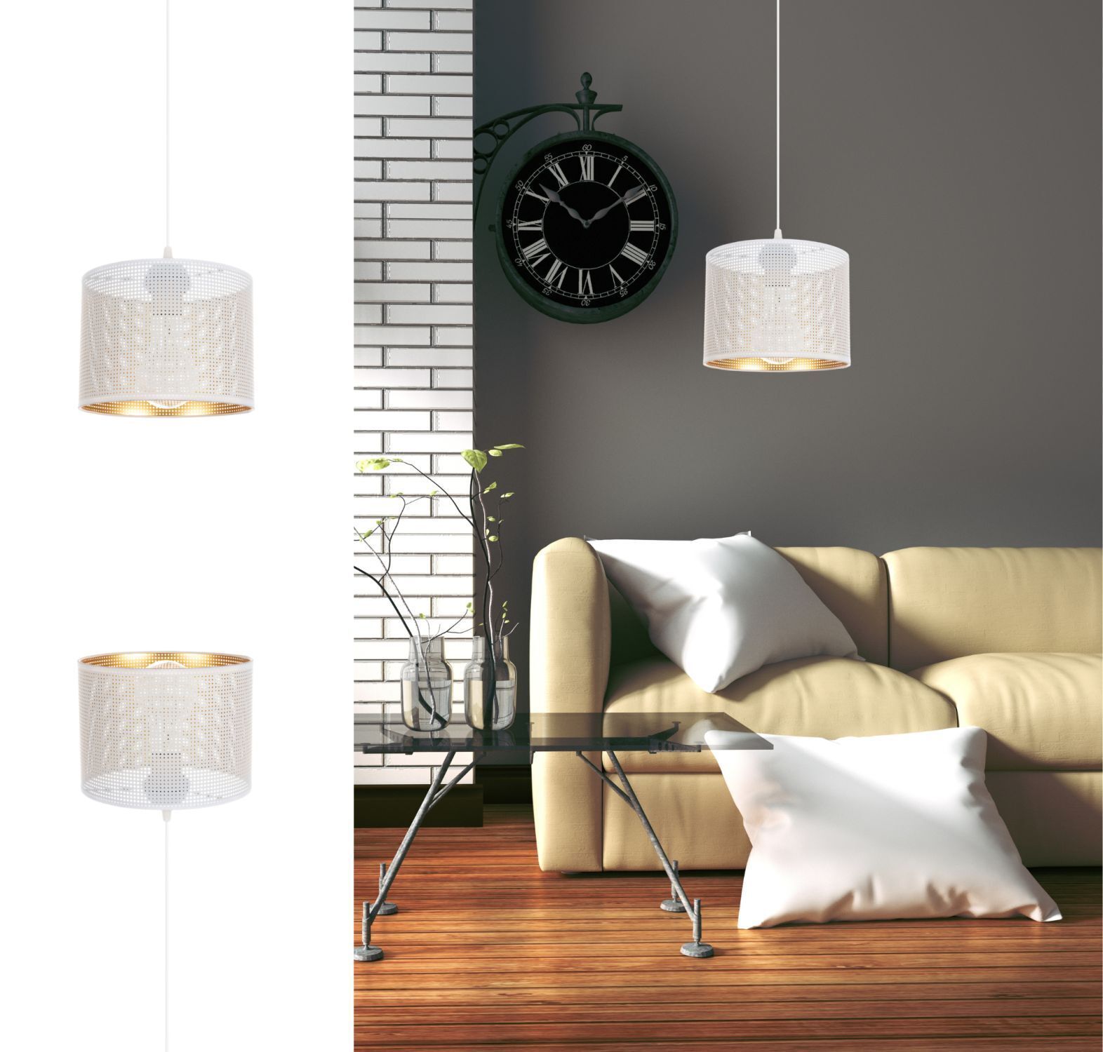Pendelleuchte Metall Weiß Gold E27 rund Ø20 cm Loft Lampe