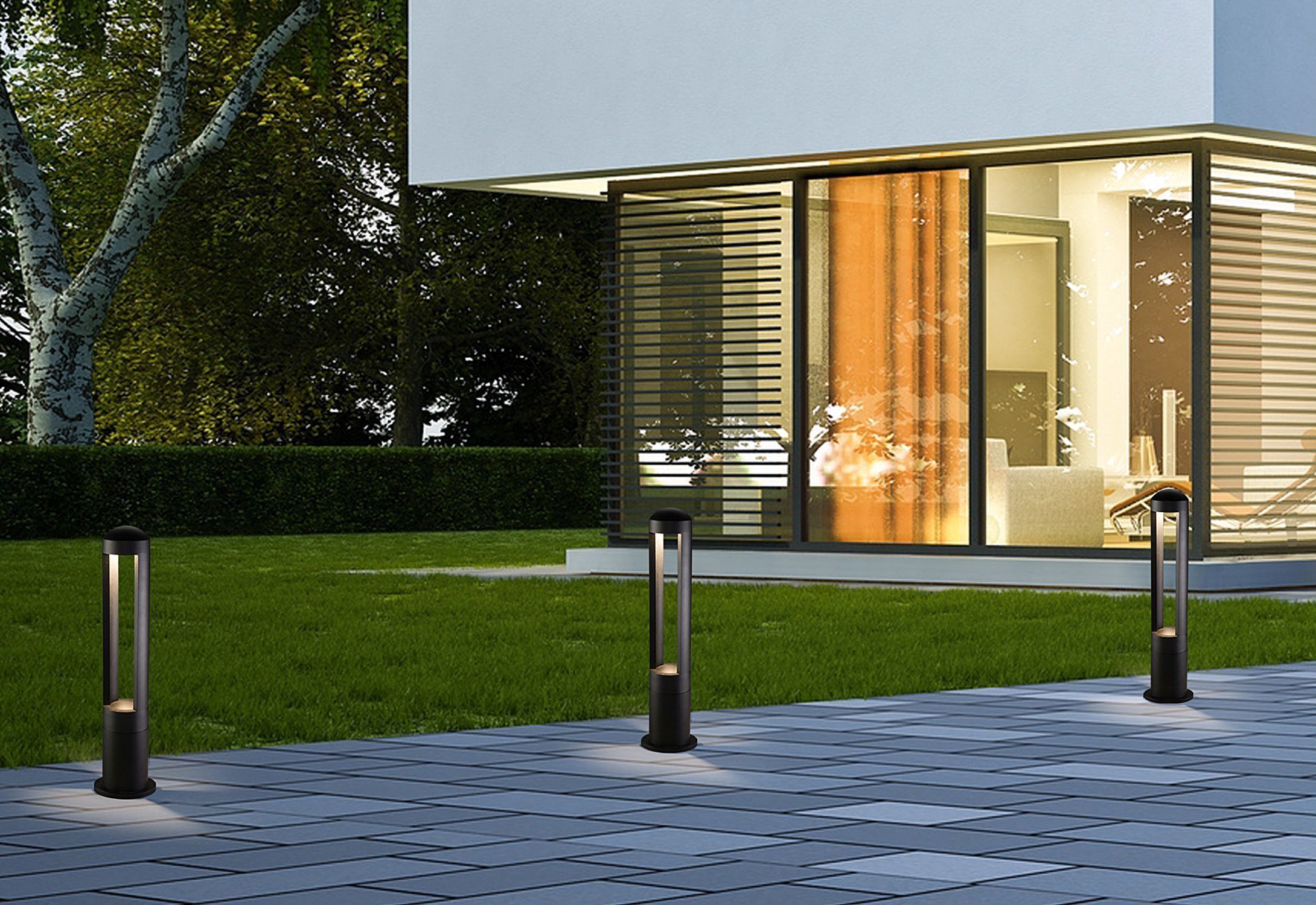 außenbeleuchtung, gartenpfosten, led-lampe, trommellicht, moderne villa