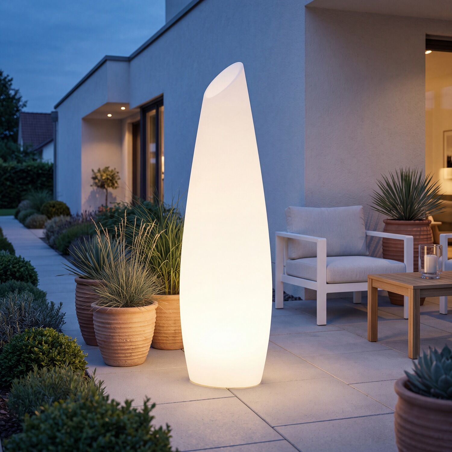 le126645-stehlampe-terrasse-aussen-kunststoff-modern-weiss-06 Außenlampe, LED-Lampe, Dekorationslampe, Gartenlampe, Kegel-Lampe