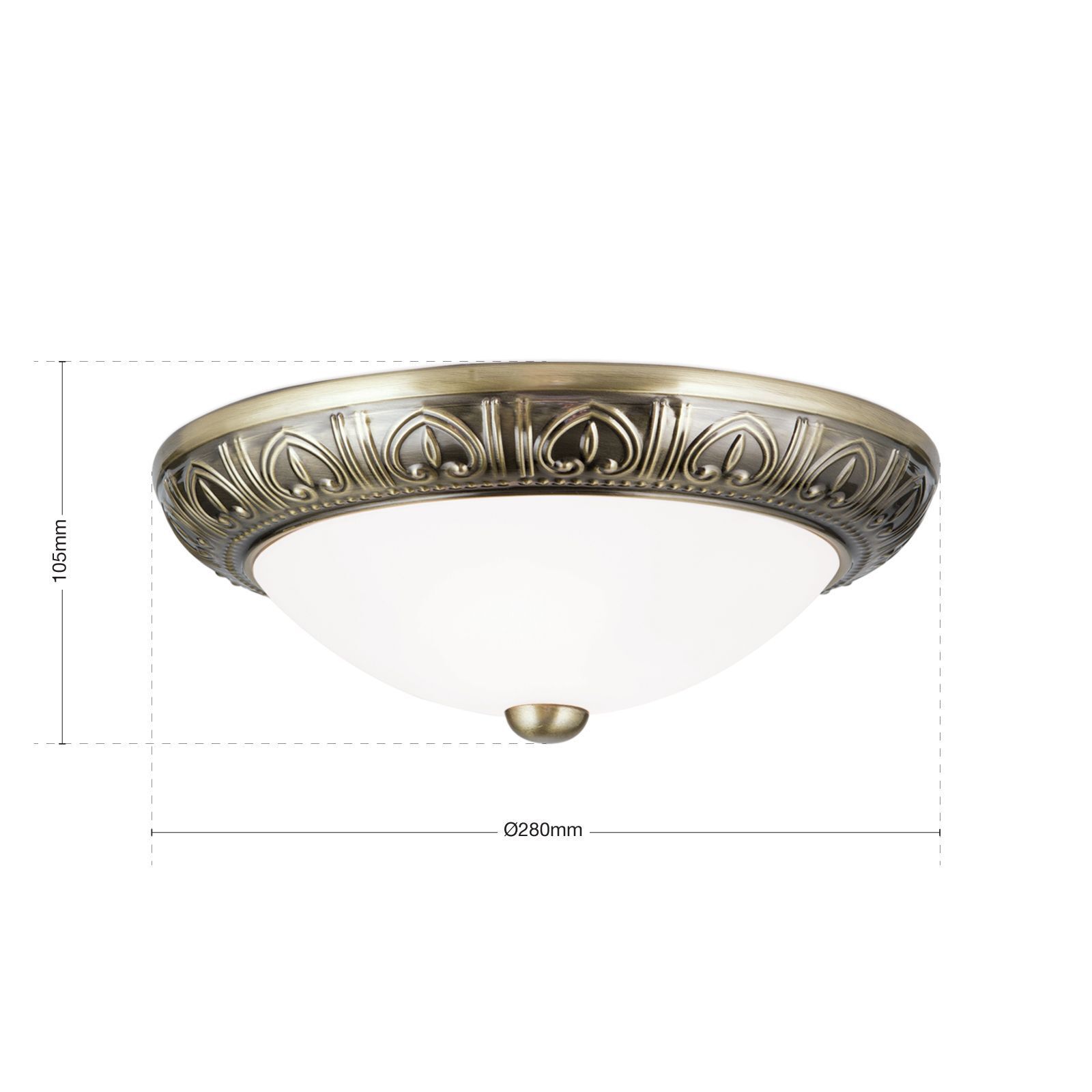 Deckenleuchte Glas Metall G9 rund D: 28 cm 2-flammig deckenleuchte, flush-mount, antik-brass, verzierter rand, glasschirm